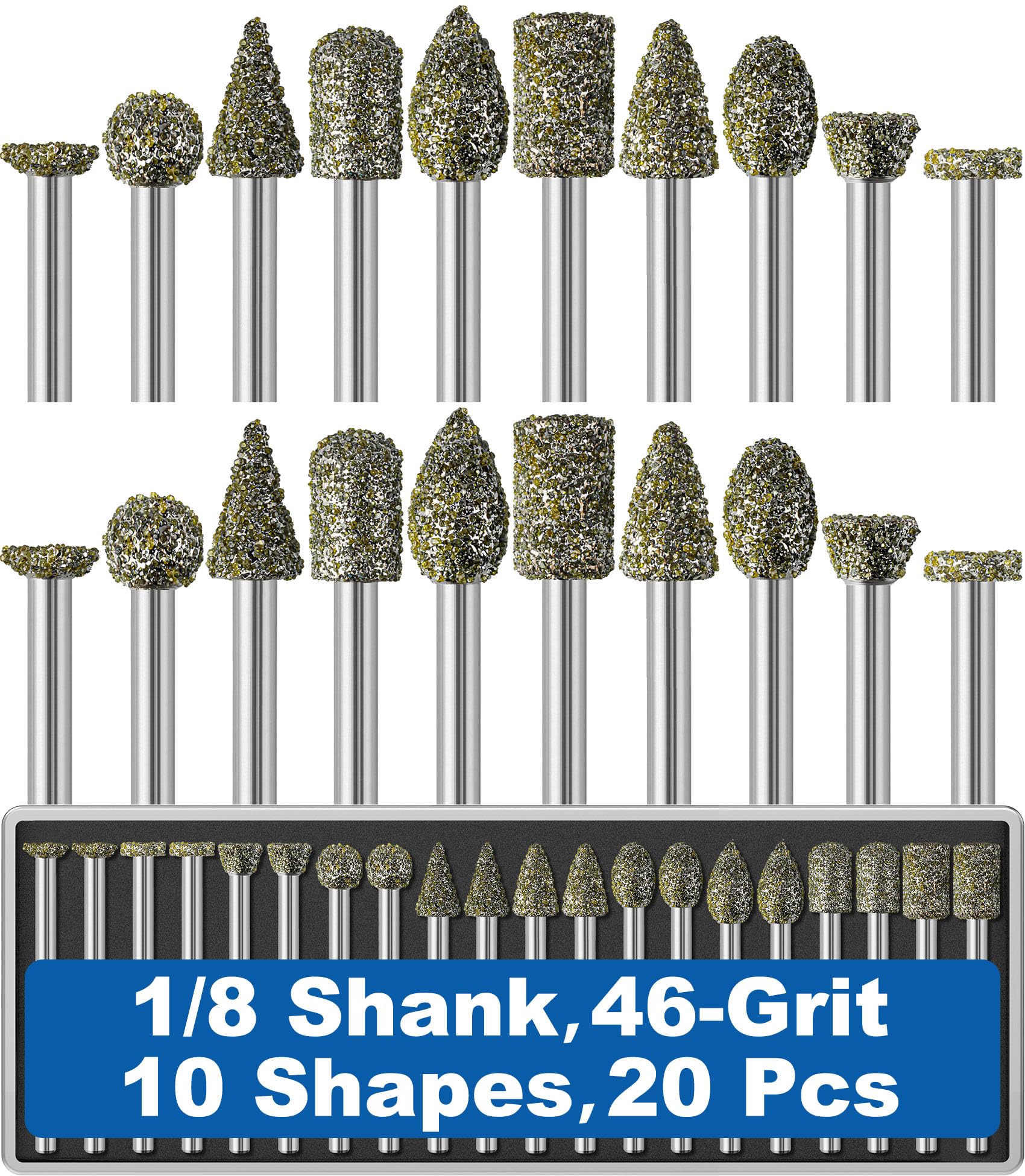 20Pcs 46-Grit Diamond Grinder Bit 1/8" Shank Compatible with Dremel Rotary Tool Attachment Accessories Grinding Burrs for Stone Glass Resin Porcelain Ceramic Quartz Glaze Steel Carve Engrave Polish