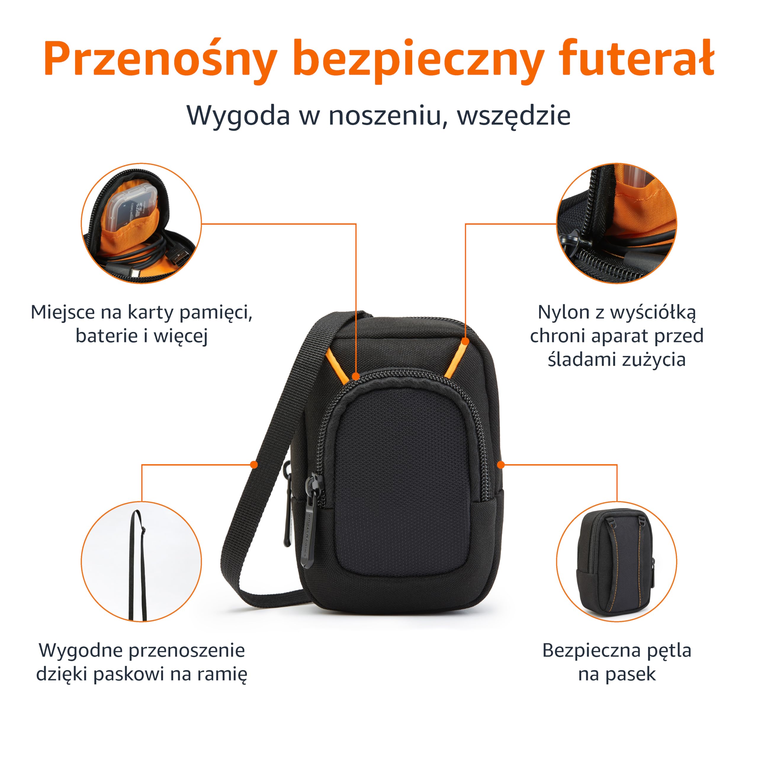 Amazon Basics Torba na aparat, do kompaktowych aparatów, duża, czarna, jednokolorowa, 10,1 x 5,1 x 14,61 cm.