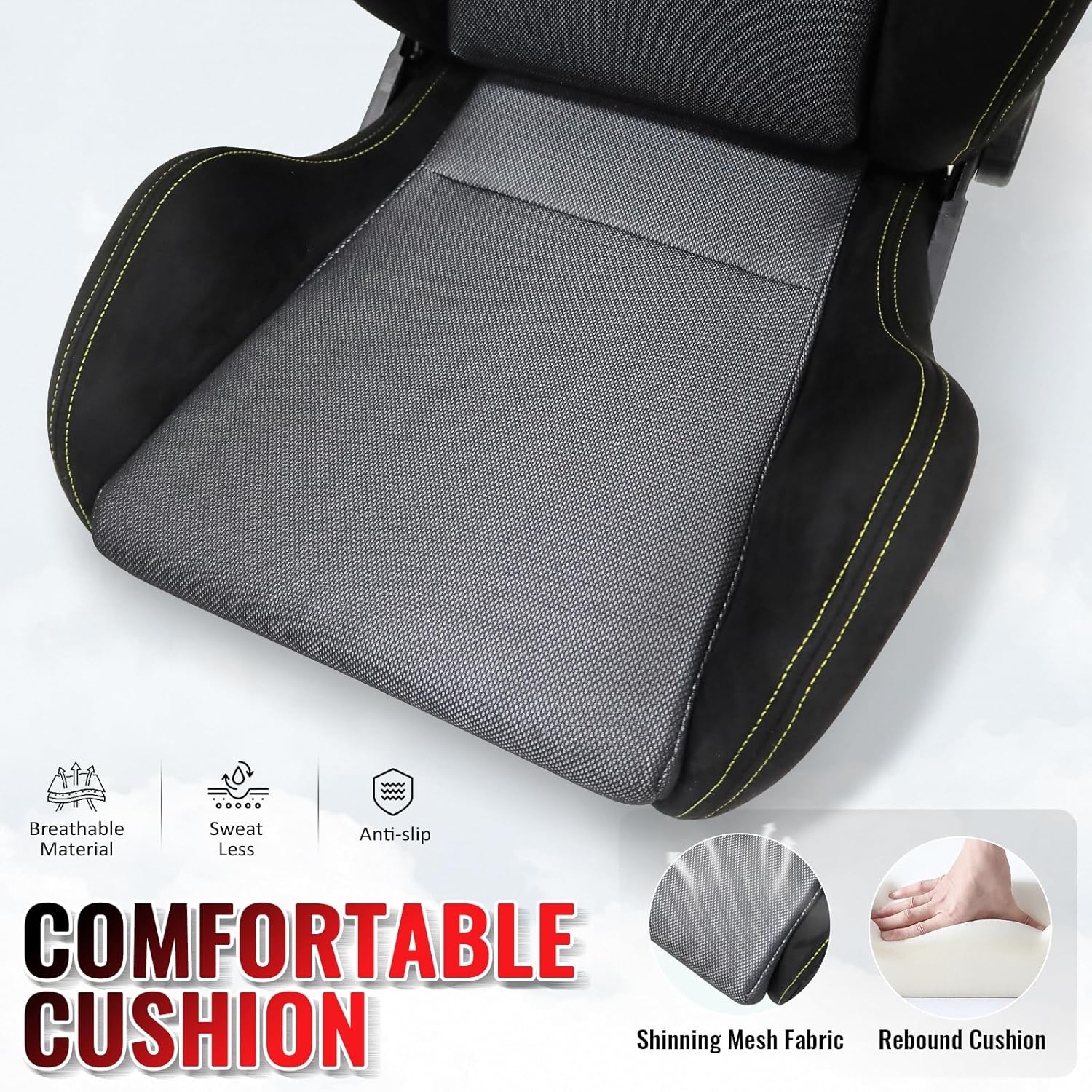 IKON MOTORSPORTS, 1-Pack Black & Grey Racing Seats, Reclining Bucket Seats with Lumbar Support, Ergonomic Sport Seats with Suede & Breathable Mesh for Car, Truck, SUV