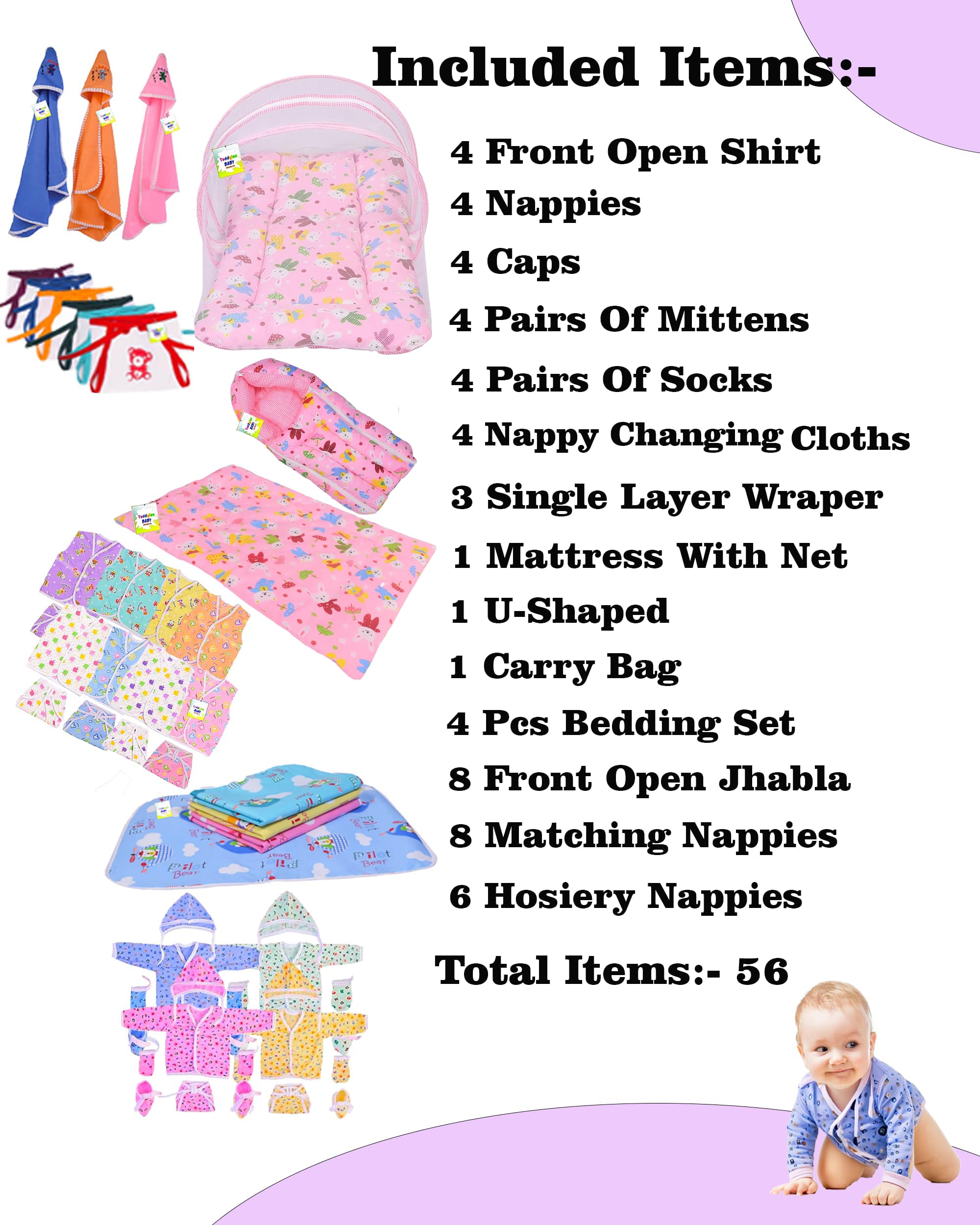 Toddylon New Born Baby Essentials Kit 56 Combo Set (0–6 Months) | Newborn Baby Hospital Bag Kit | Infant Combo Set for New Born | Newborns Baby Dress & Clothing Set | Infants Essentials Kit (Pink) 1