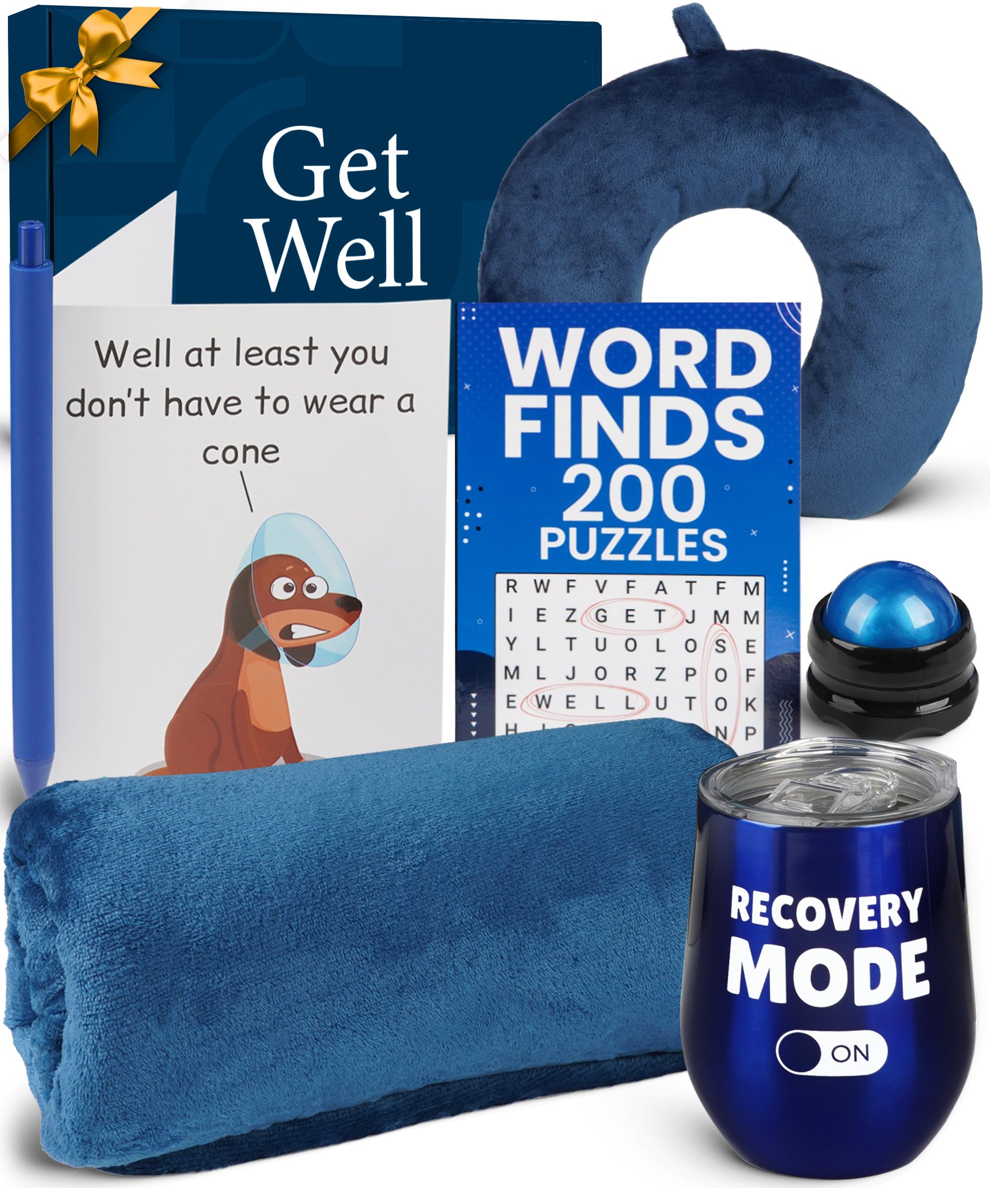 Cesta de regalo Get Well Soon para hombre, vaso aislado, manta de felpa, almohada para el cuello, rodillo de masaje, libro de rompecabezas, tarjeta de felicitación divertida, bolígrafo, paquete de