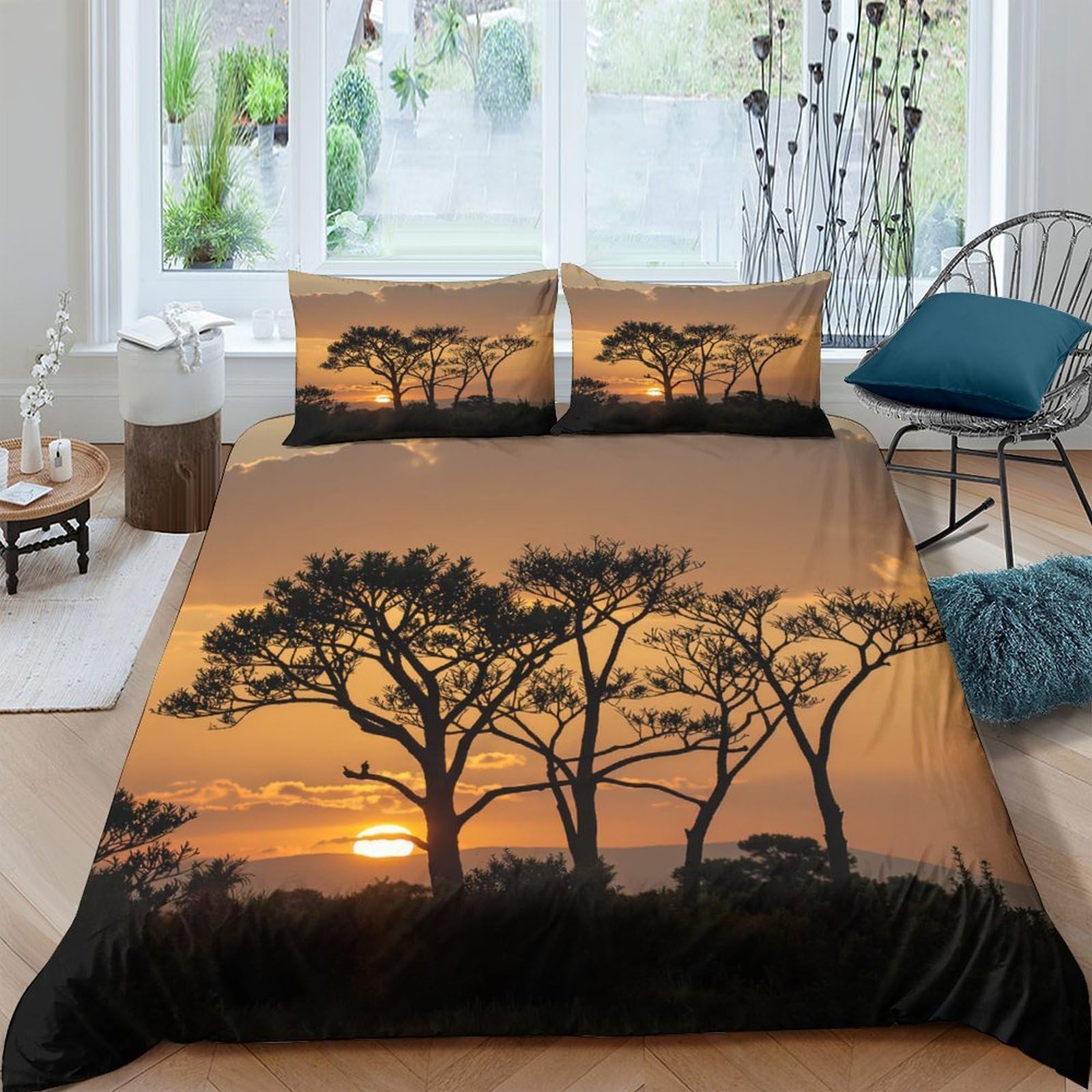 Ctjqhvkz Style-8 3D Printed Sunset Landscape Fitted Sheet Microfiber Soft Breathable Tree Silhouette Bed Cover For Bedroom Guest Room Decor Single（135X200cm）