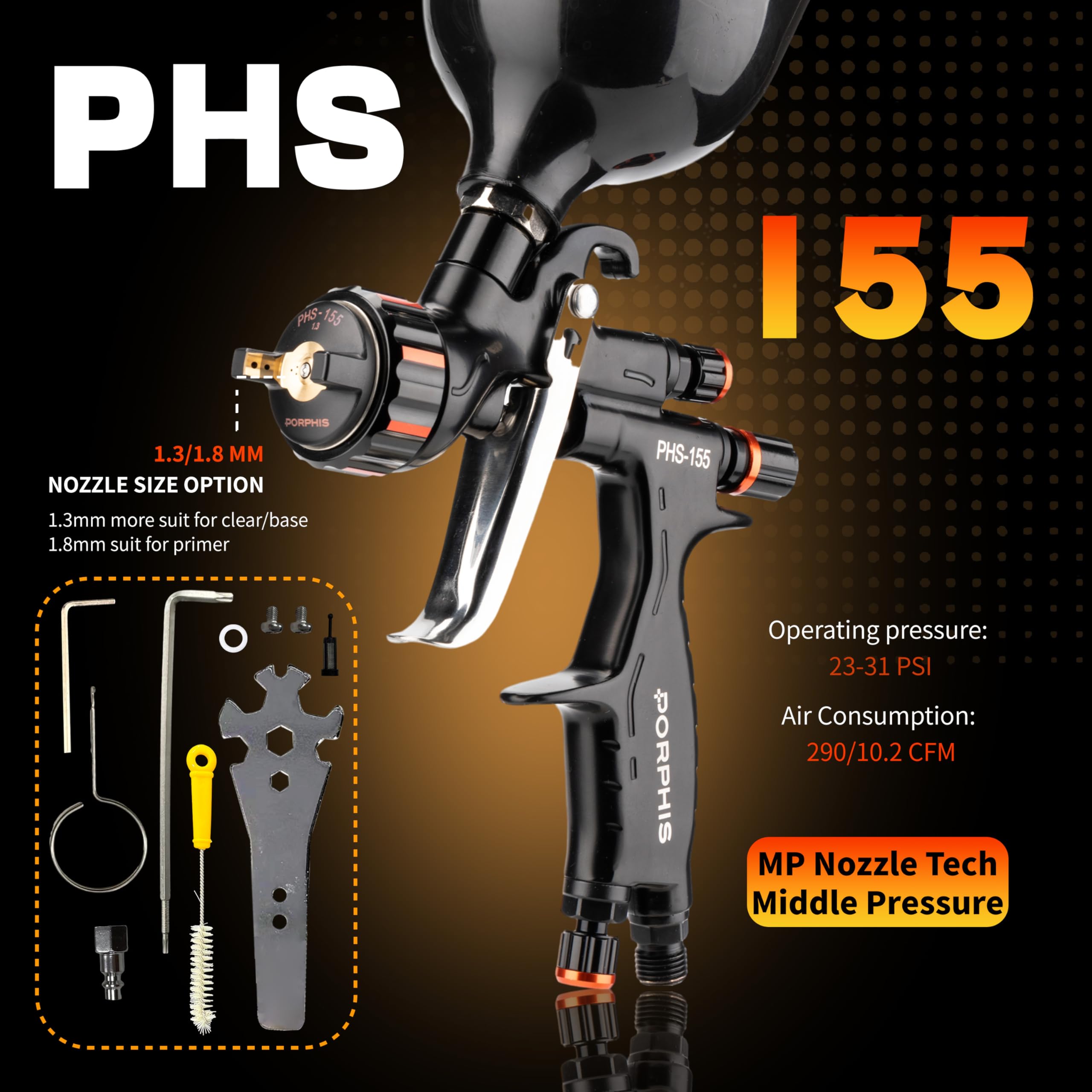 PHS 155 - Paquete de base de pistola de pulverización de alimentación por gravedad de 1,3 mm y 1,8 mm, incluye regulador y filtro en línea, adaptador PPS 1.0 y kit de limpieza