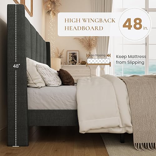 Miniatura 5 de SHA CERLIN Base de cama tamaño Queen con cabecera geométrica con respaldo de ala, plataforma tapizada con soporte de listones de madera, espacio