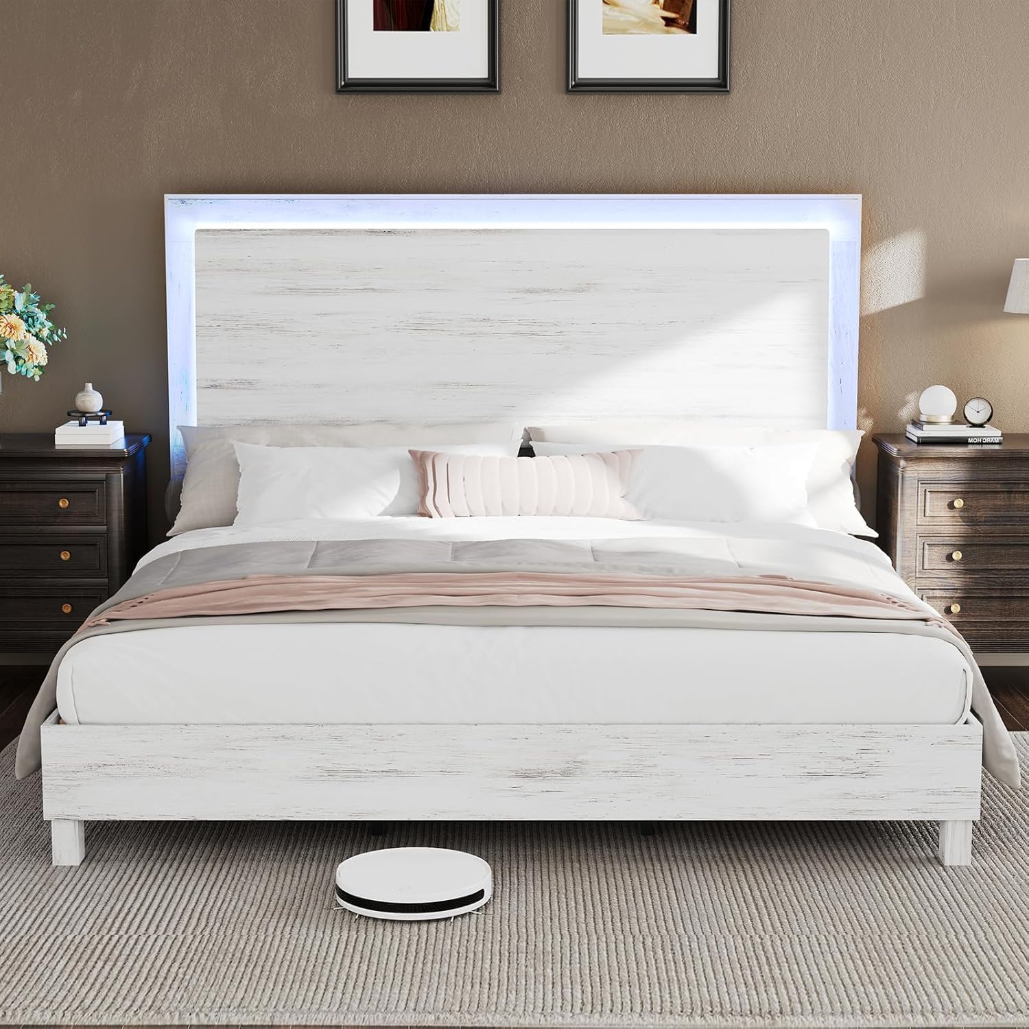 LUXOAK Queen Size Wood Bed Frame with RGBW LED Light, Mid-Century Modern Platform Bed with Floating Headboard and Solid Wood Legs, No Box Spring Needed, Easy Assembly, Distressed White