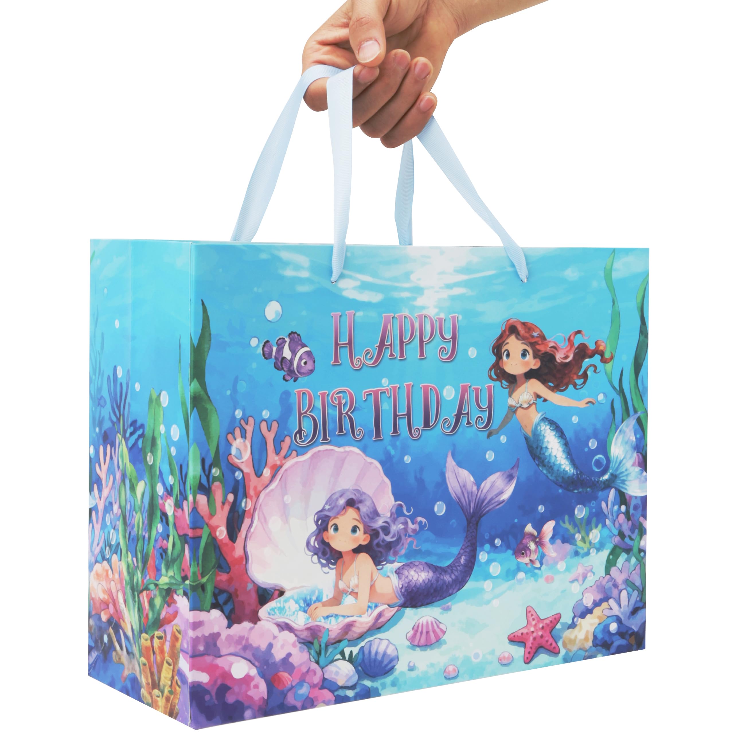 Qirrmiy 13'' Large Mermaids Birthday Gift Bag Set with Handles, Greeting Card, Purple Tissue Papers and Stickers for Kids Girls Women Teens for Birthdays, Mermaids Design, 1 Pcs