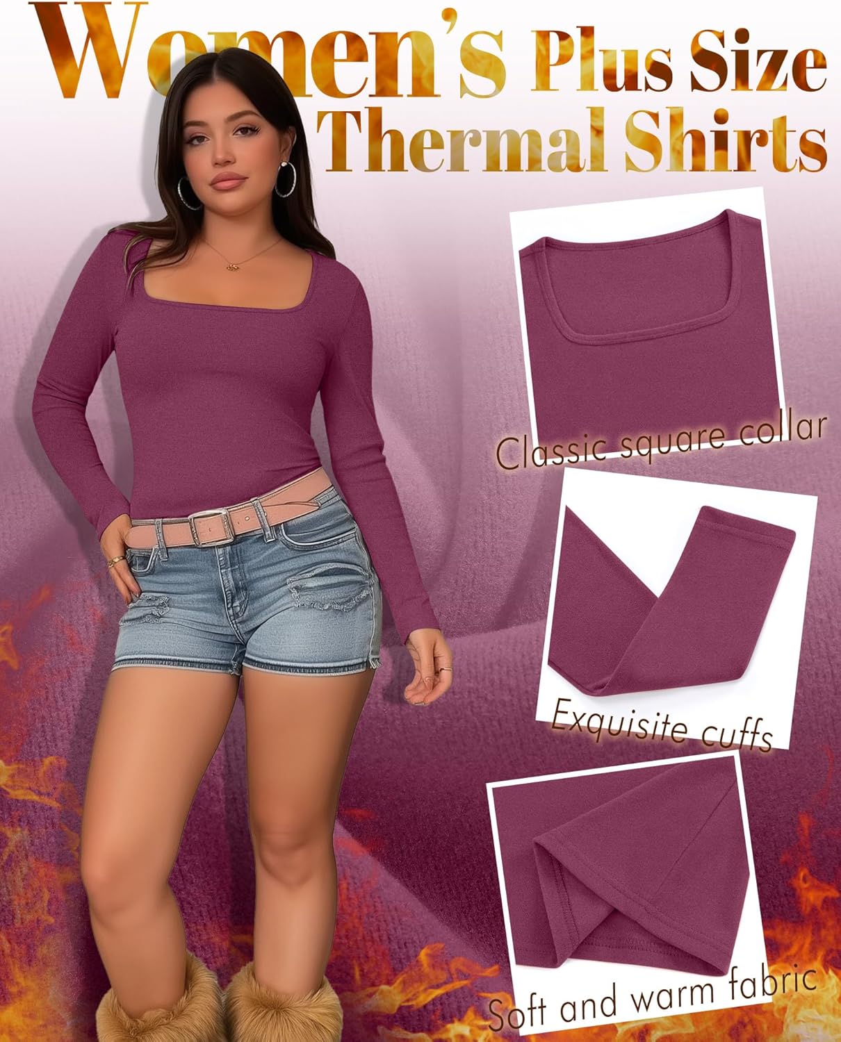 3 Pack Women's Plus Size Thermal Shirts Fleece Lined Long Sleeve Square Neck Slim Tops Underwear Base Layer Winter - Image 3