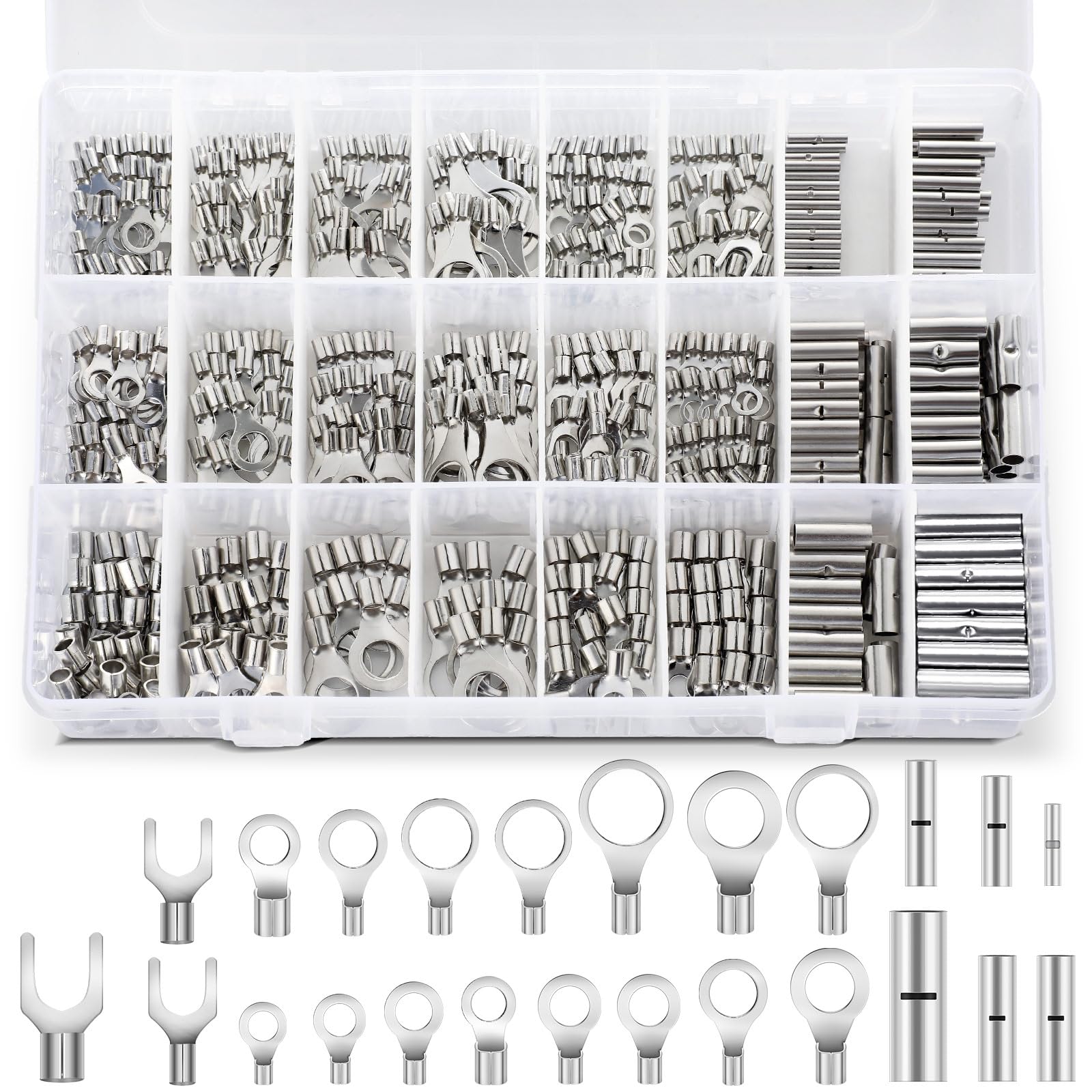 Tellegloww 600pcs Non Insulated Ring Terminal Kit Butt Fork Connectors Kit, AWG 22-10 Copper Connector Seamless Uninsulated Butt Splice Wire Terminals
