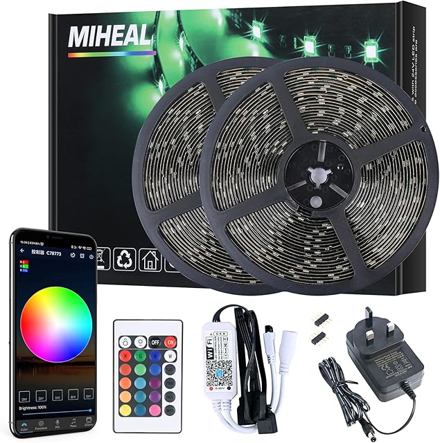 Ubanner 20M WiFi Wireless Smart Phone Controlled Led Strip Light Kit with CE Listed Power Supply Waterproof SMD 5050 300leds RGB Music LED Light Strip Work with Android, iOS and Alexa(Black Band)
