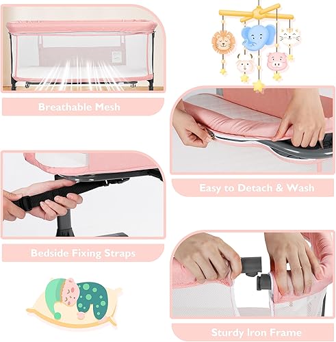 Miniatura 6 de Moisés para bebé, 2 en 1, portátil, para recién nacido, cuna de viaje para niños pequeños, 6 alturas ajustables, con 4 ruedas, color rosa