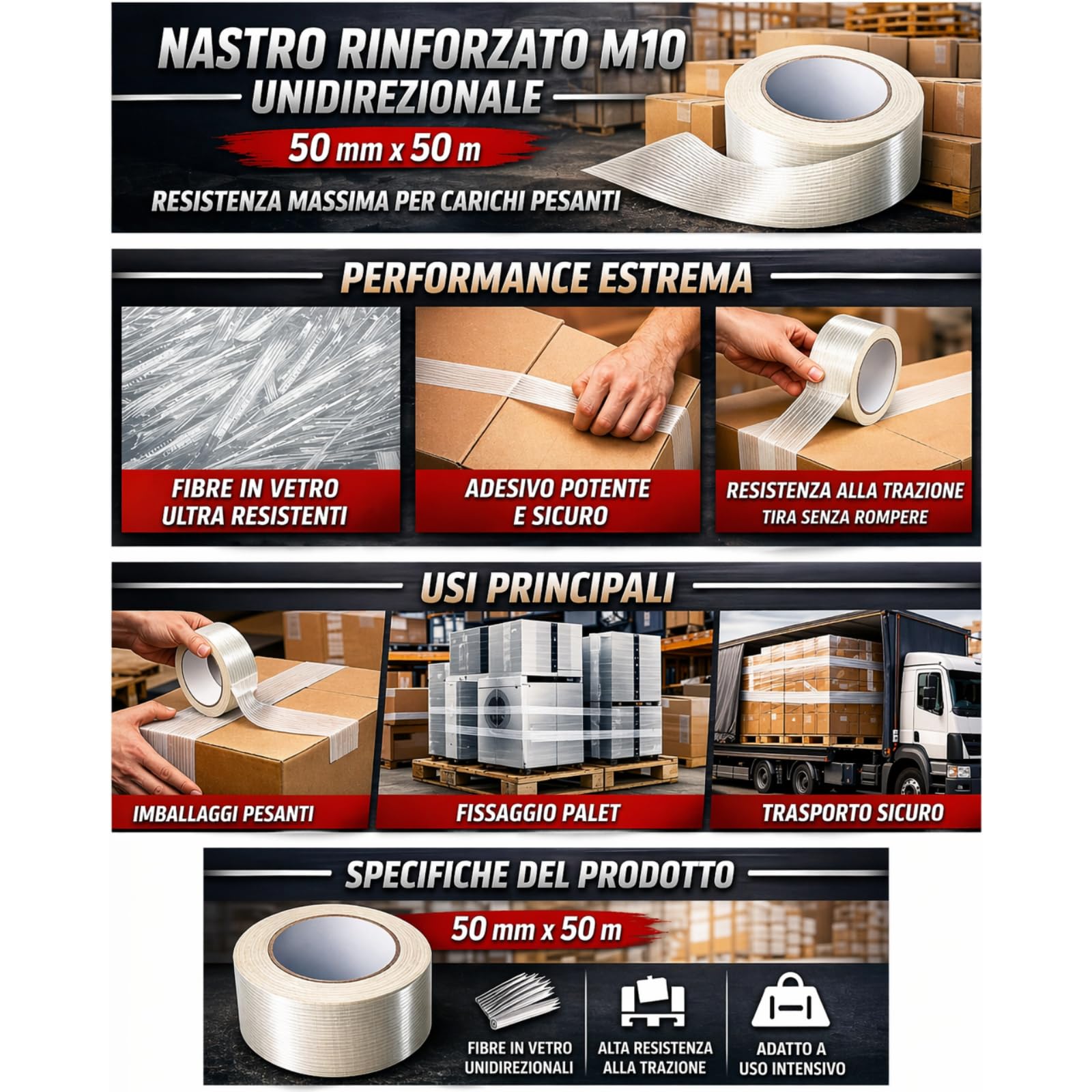 Nastro Adesivo Rinforzato M10 Unidirezionale, Fibre in Vetro, Trasparente, 50 mm x 50 m, Alta Resistenza alla Trazione per Imballaggi Pesanti, Pallet e Fissaggi Industriali (6)