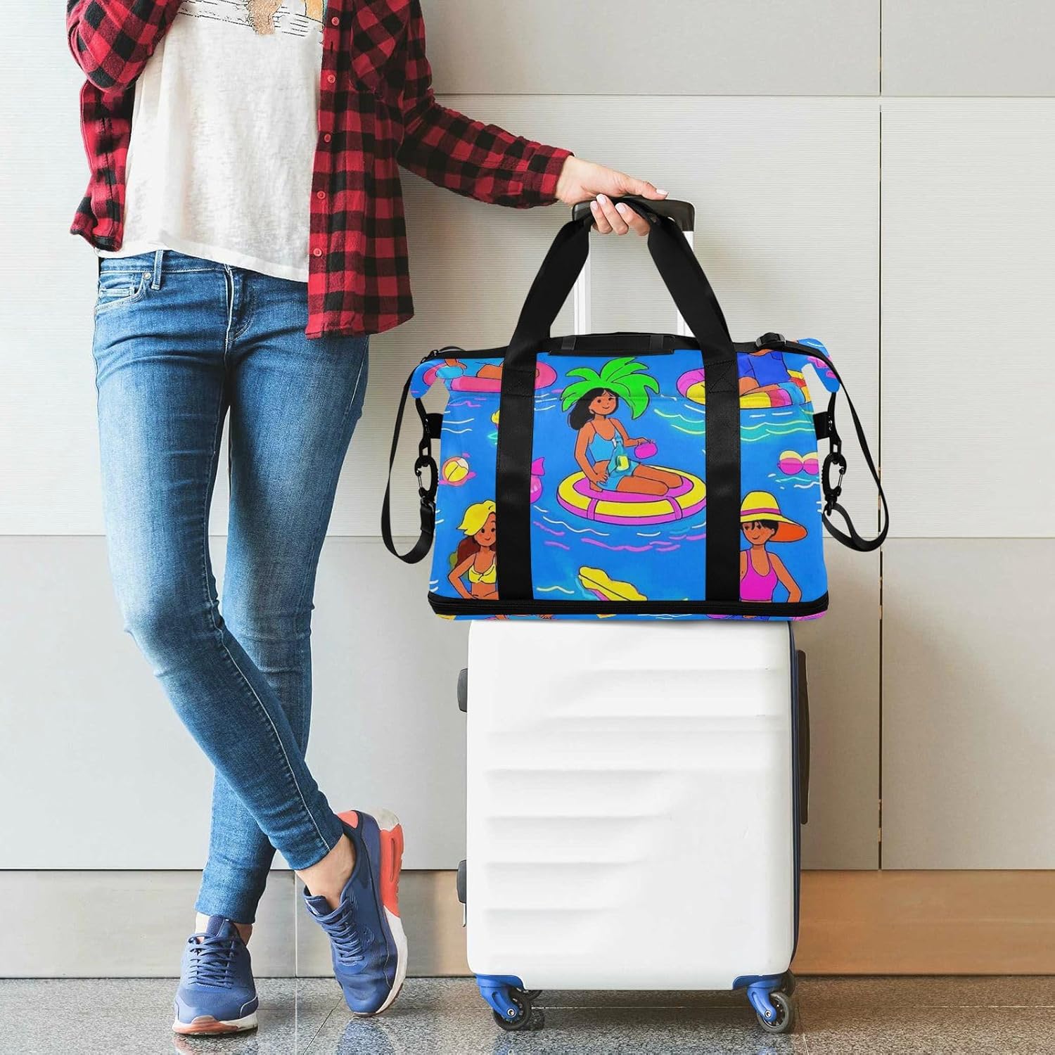 Blue Beach Party Cartoon Summer Sports Tote Gym Bag Large Carry On Bag with Toiletry Bag for Yoga Large Capacity