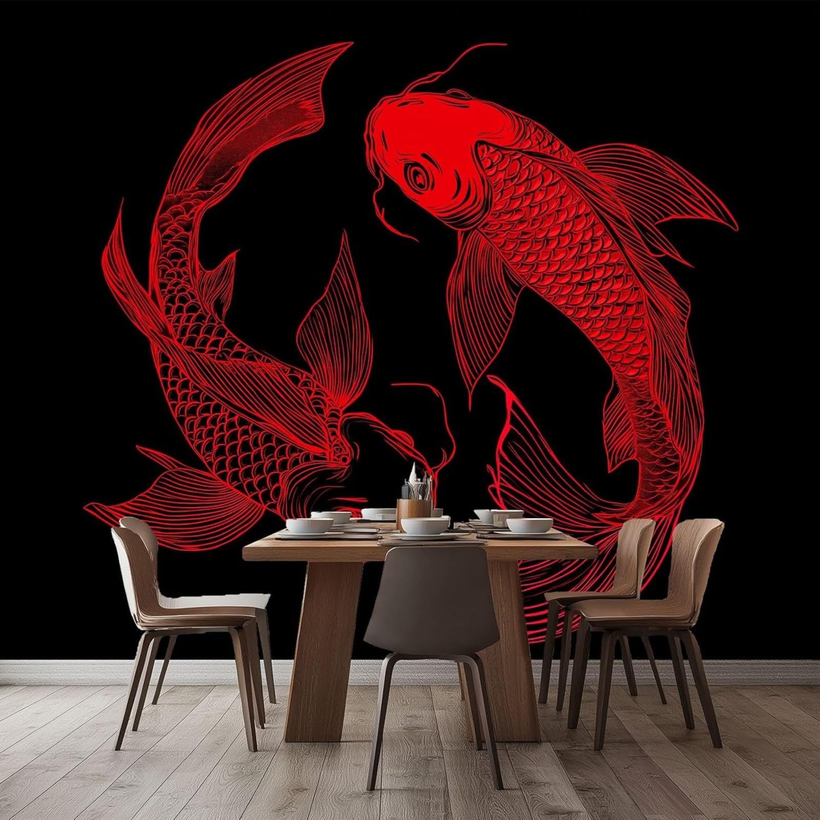 3D Effect Photo Wallpaper Mural Minimalist Lines Animals Fish Red Non-woven Wall For Living Room Bedroom Children's Room TV Background Modern Wall Decoration, 250cm x 175cm Stickers - Frameless Painti
