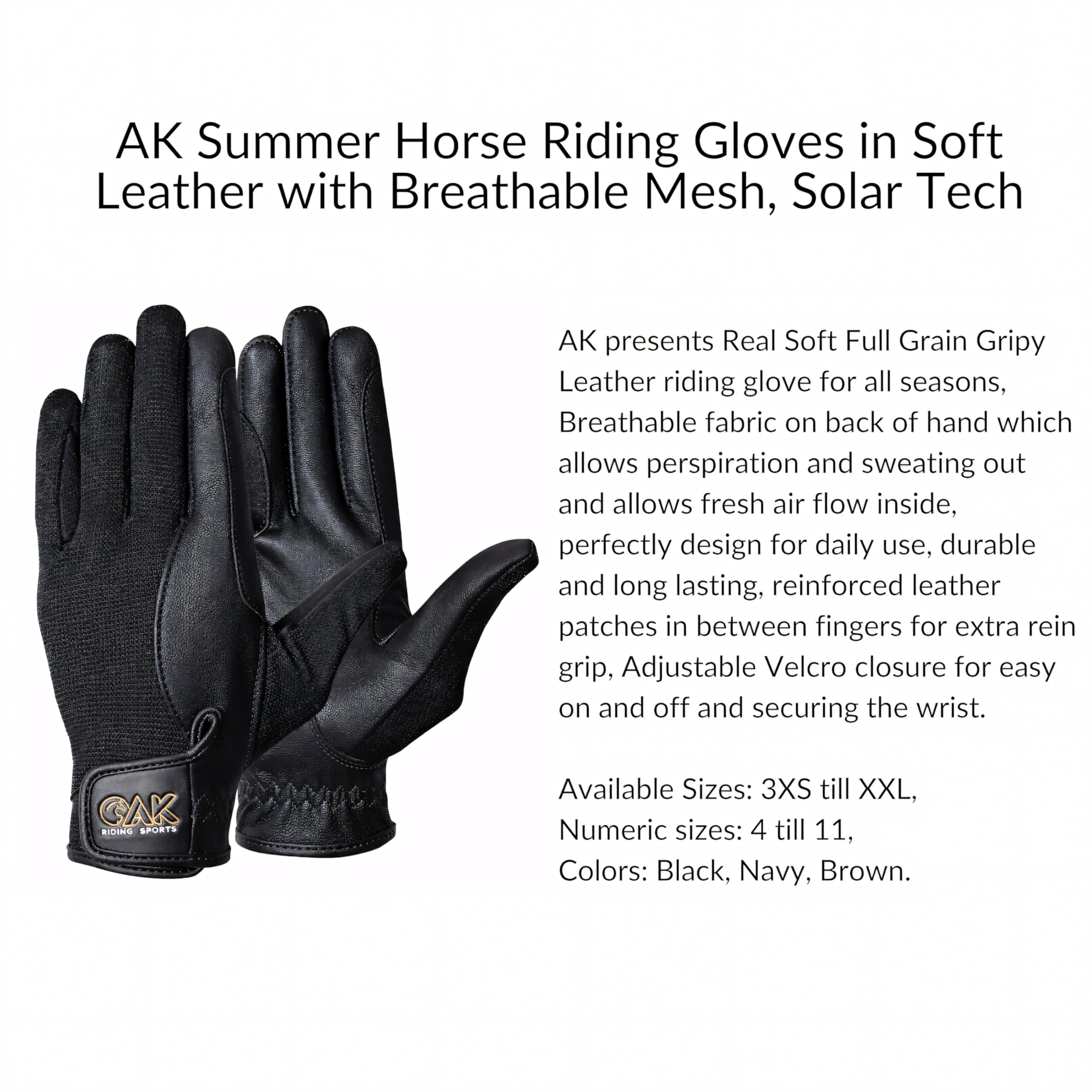 AK Solar Tech Gants d'équitation en cuir souple avec maille respirante