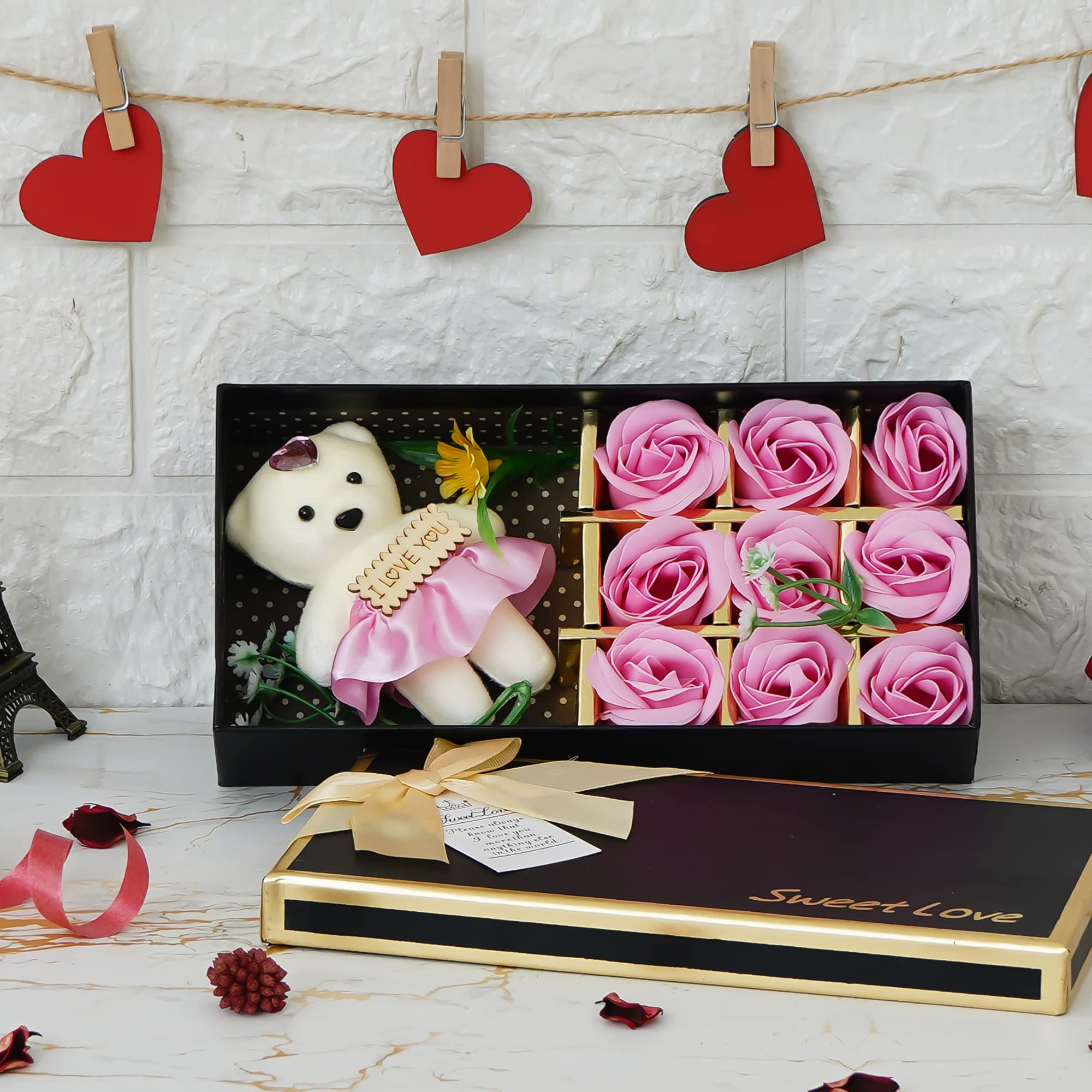 Webelkart Rose with Gift Box and Teddy Beer- 7 in, Valentines Gift for Girlfriend and Boyfriend (Pink Teddy with 9 Flowers)-image-29