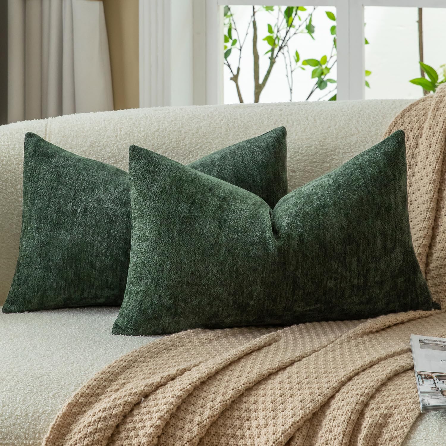 Mandioo Chenille Forest Green Cushion Covers 30x40cm 12x16 Inch Set of 2, Decorative Soft Thick Couch Pillow Covers Solid Accent Farmhouse Neutral Throw Pillow Cases for Sofa Bed Living Room โ image 1