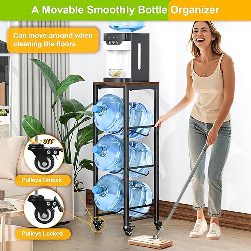 Miniatura 2 de Soporte para botella de agua de 5 galones, estante para jarra de agua de 3 niveles, soporte para jarra de agua con ruedas bloqueables, estante de