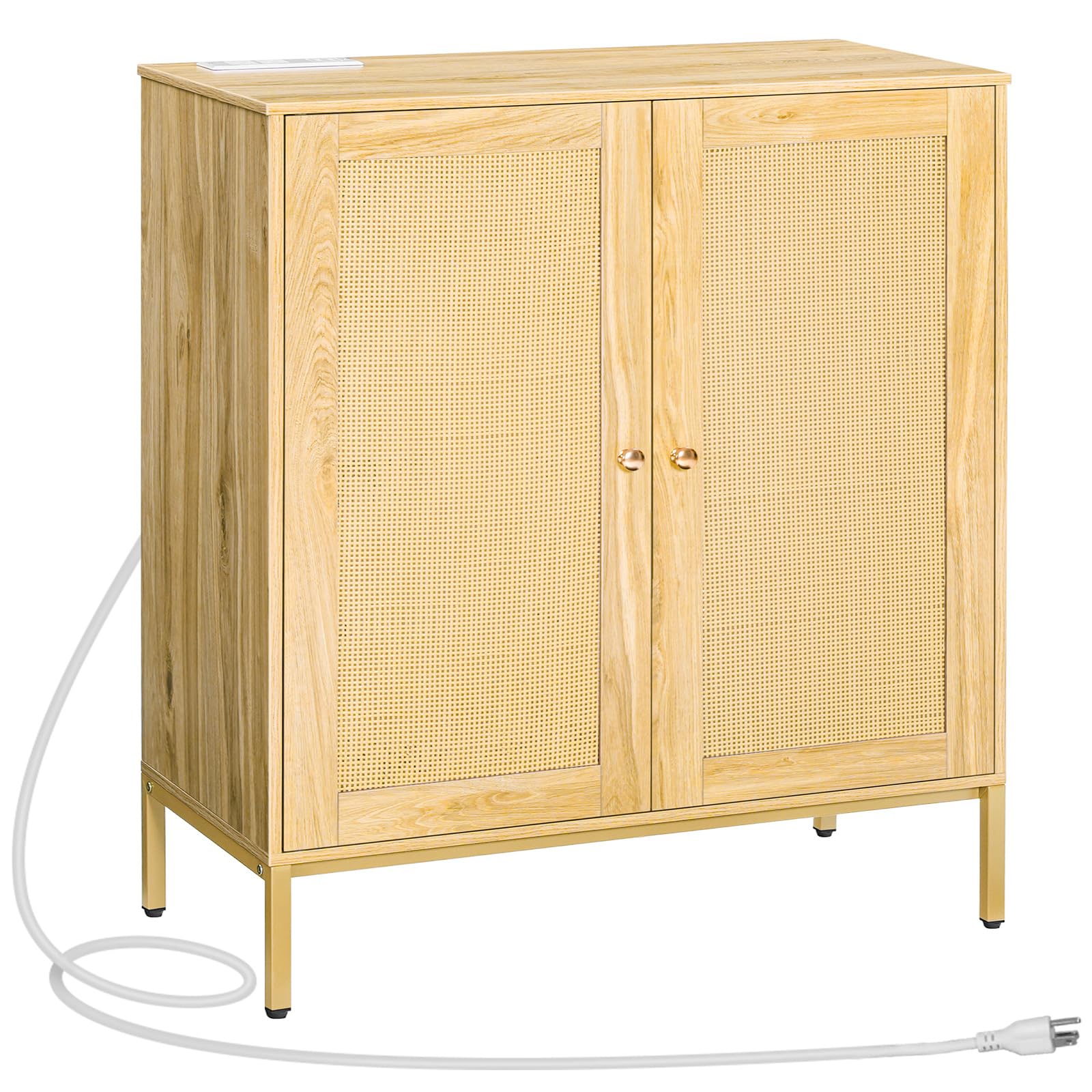 HOOBRO Sideboard Buffet Cabinet with Storage, Rattan Kitchen Cabinet with Charging Station, Coffee Bar Cabinet with Adjustable Shelf, Rattan-Inspired,for Living Room, Natural ND80UCB01