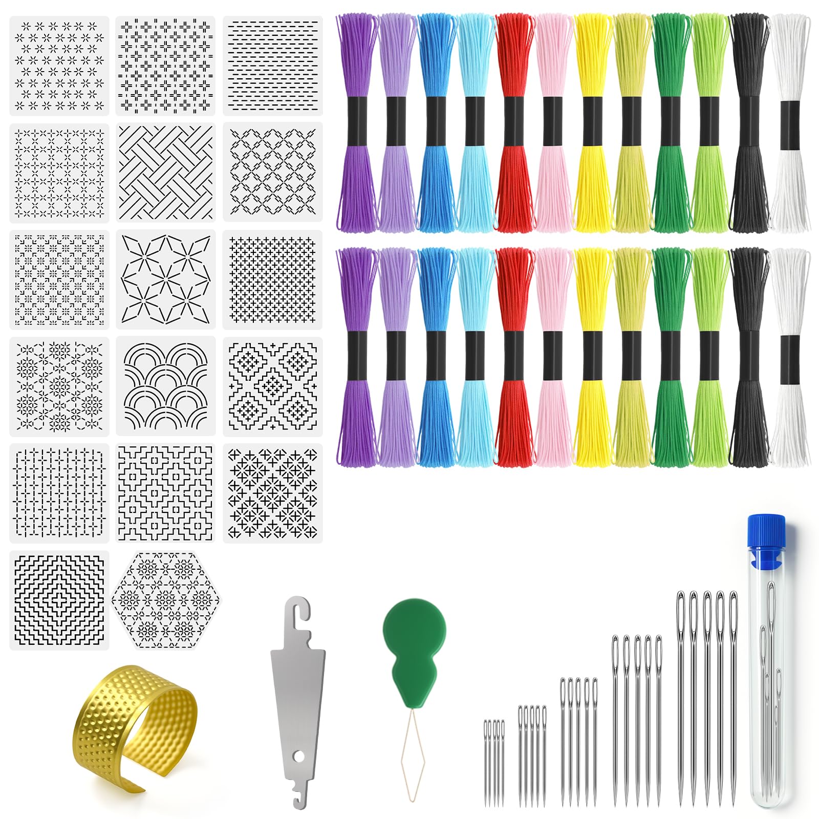 Sashiko Kit, Includes Sashiko Thread, 100% Cotton Fabric, Needle, Thimble, Threader, and Sashiko Pattern Template. Ideal for Sewing Beginners, Mending, and Hand Quilting.
