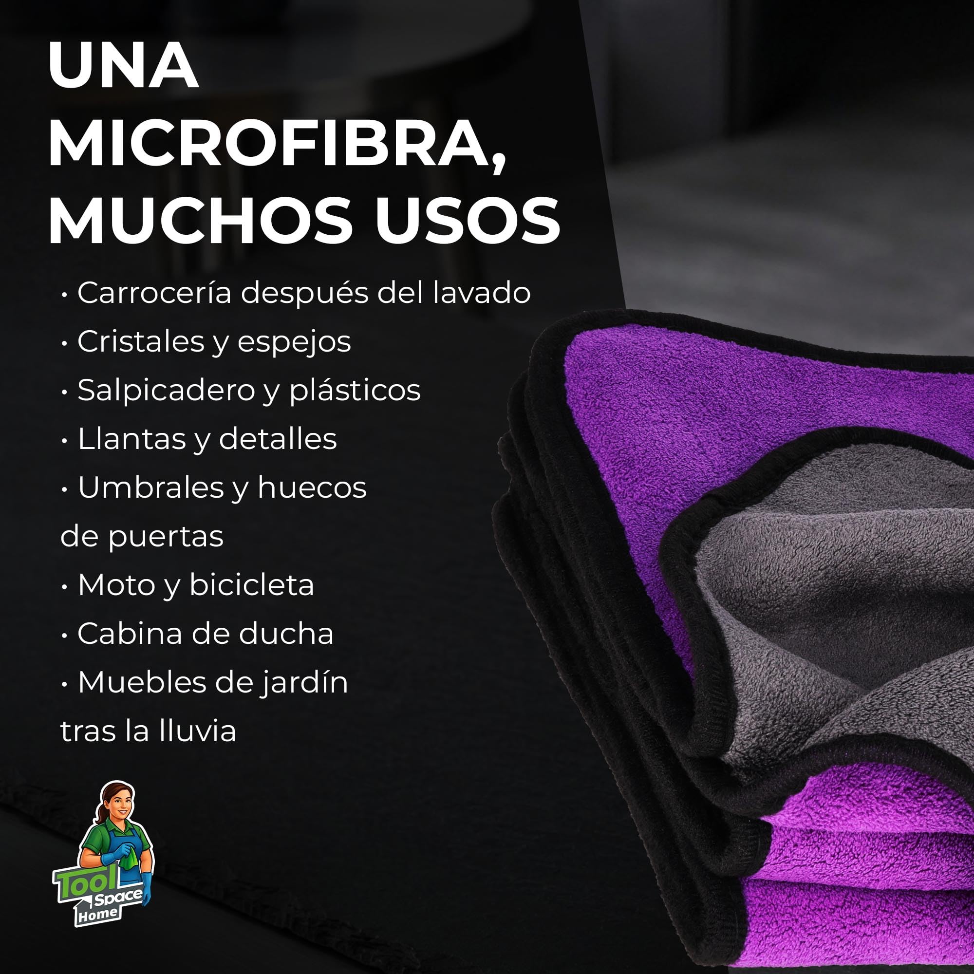 ToolSpace Toallas Microfibra Coche 38x46 cm 3 Unidades 600 gsm Absorbentes Suaves Sin Rayas para Lavado Secado Carrocería Cristales Llantas Detailing Auto Garaje Taller Premium