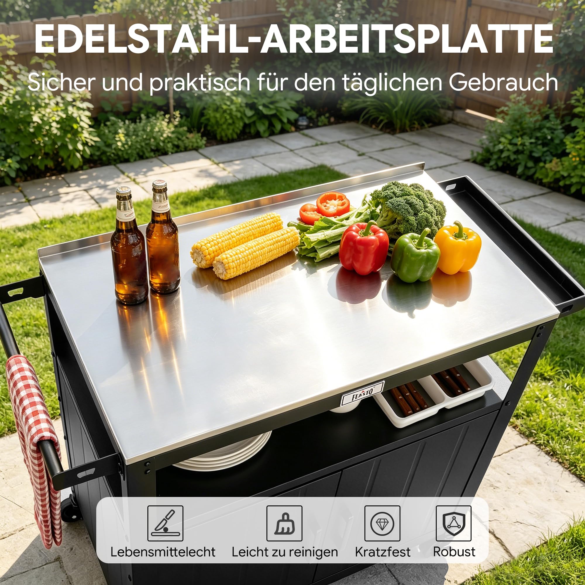 Feasto Servierwagen mit Rollen, Grillwagen mit Schrank, Edelstahlplatte, Outdoor Küche für Terrasse & Garten, 100x45x89,5 cm