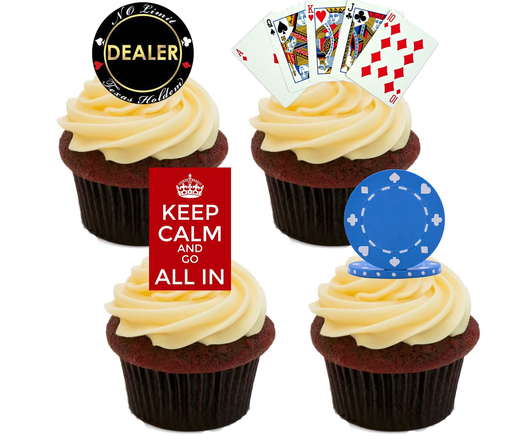Made4you Keep Calm And Go All In! Poker Pack - Edible Cupcake Toppers - Stand-Up Wafer Cake Decorations (Pack Of 12)