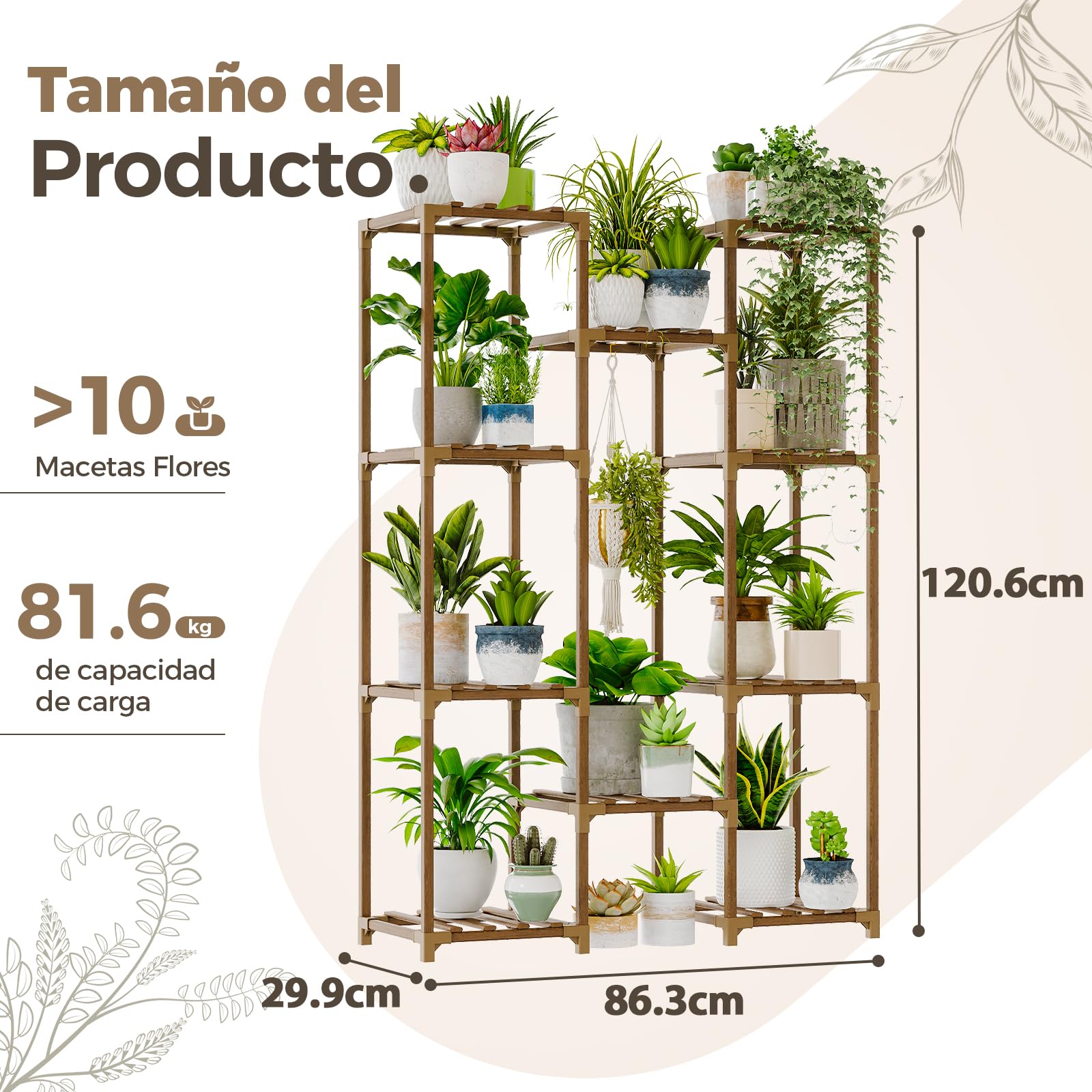 Bamworld Soporte para Plantas Estantería para Plantas de Exterior e Interior Estante para Colgar Varias Plantas, Jardinera Alta de Madera para Salón, Patio, Balcón, Jardín, Marrón