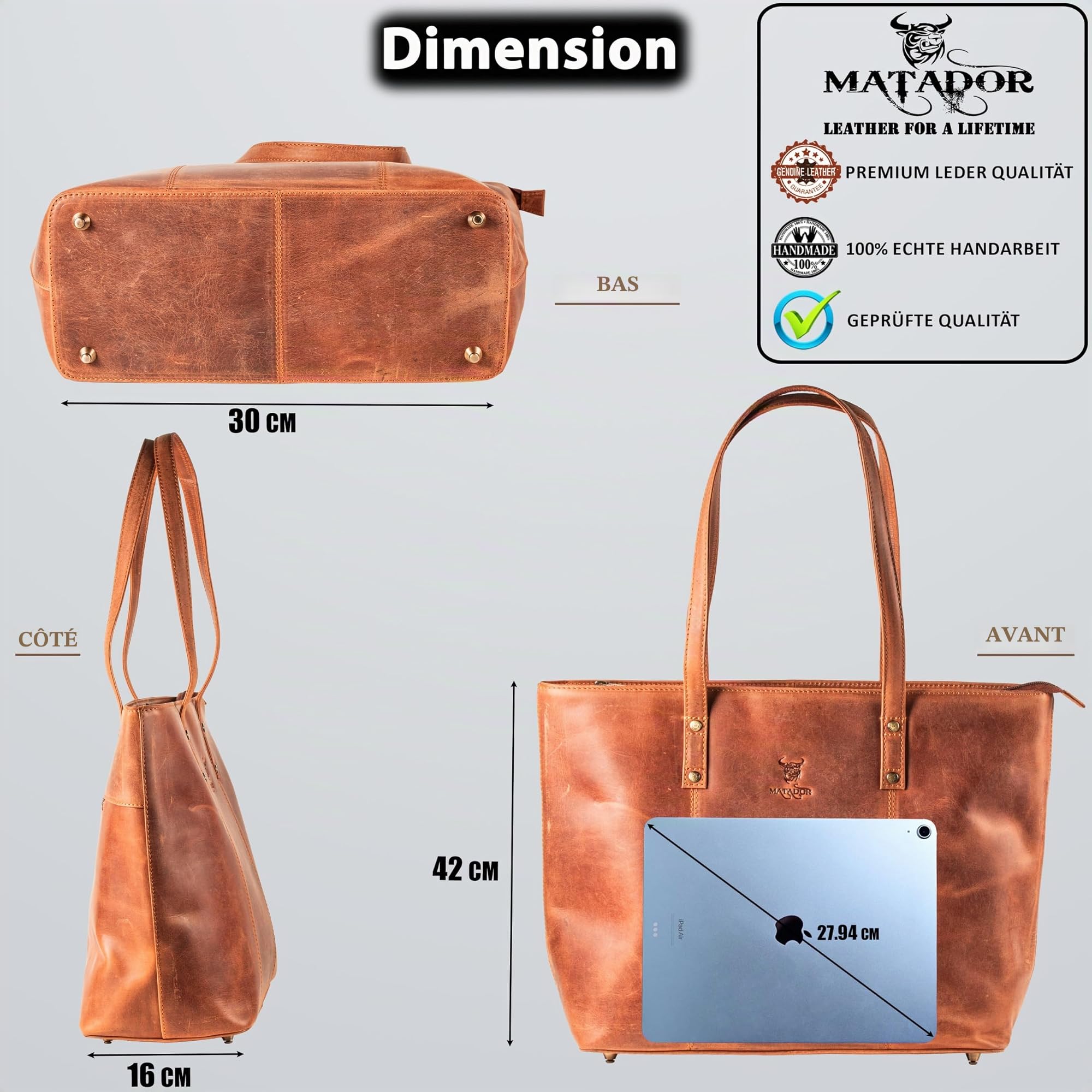 MATADOR #PARIS Grand sac de shopping en cuir pour femme - Élégant sac à bandoulière pour le bureau, sac de travail avec beaucoup d'espace - Sac Hobo - Sac fourre-tout ou sac fourre-tout - Parfait pour