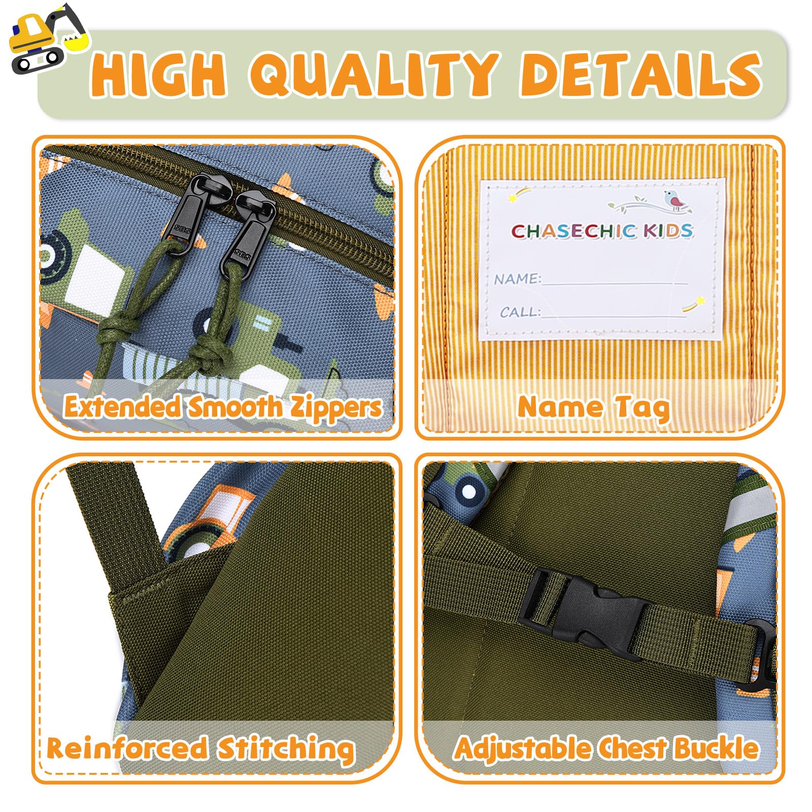 Chase Chic Zaino per Bambini, Borsa da Scuola con Strisce Riflettenti di Sicurezza, 3-6 Anni Zaino Leggero per Bambini