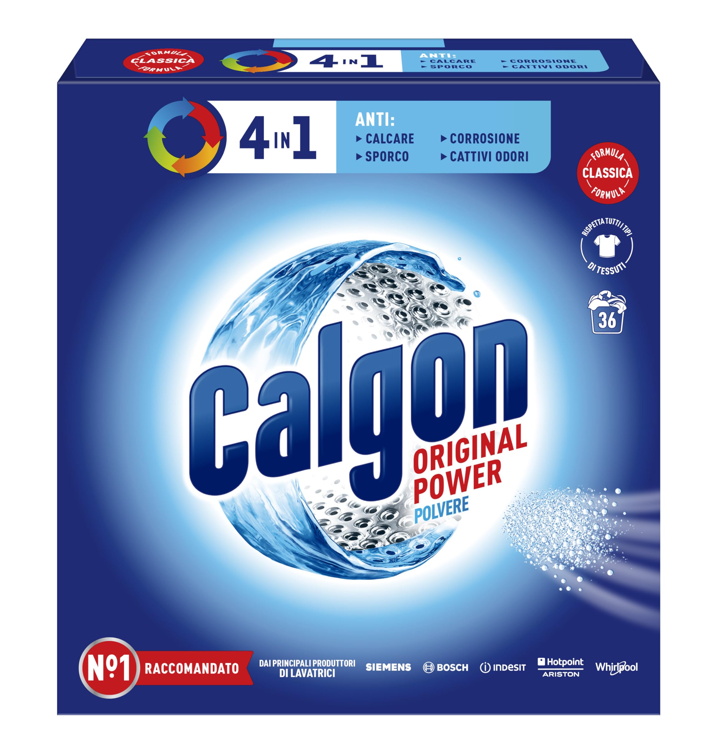 Calgon Power Polvere Anticalcare Lavatrice 4 in 1, 6 Confezioni da 1800g di Anticalcare per Lavatrici, Additivo Lavatrice per una Protezione da Calcare, Sporco e Cattivi Odori