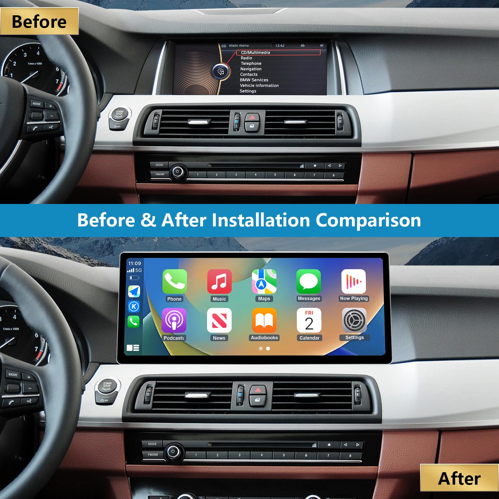 12.3'' Radio samochodowe, Apple CarPlay/Android Auto/Mirrorlink/GPS dla BMW serii 5 F10/F11 z lat 2010-2012 z radiem samochodowym z ekranem dotykowym CIC, nawigacją GPS do samochodu