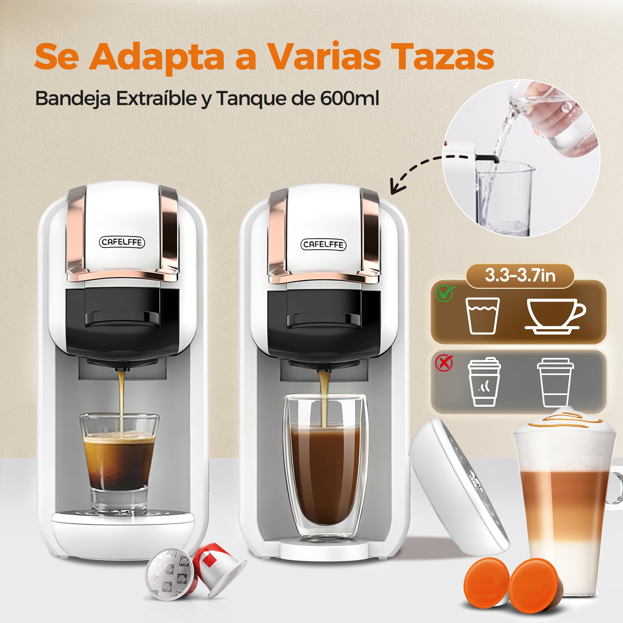 CAFELFFE MK-603 Cafetera de Cápsulas 4 en 1 Caliente/Frío Máquina de Café Expreso de una porción Individual Compatible con ESE Pods, Nes Original/DG Cápsulas y Café Molido Preparación Rápida Blanco