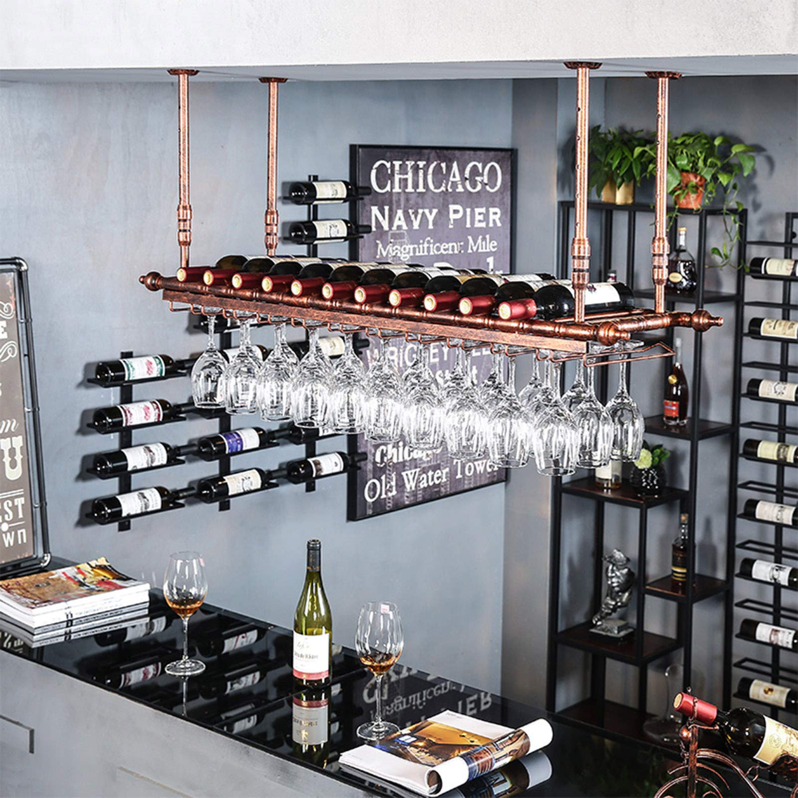 Portabottiglie da Parete - Portabottiglie da Appendere al soffitto Portabottiglie in Vetro per Champagne Calici Accessori per Bar, Regolabile in Altezza (Nero/Bronzo, 120cmL)