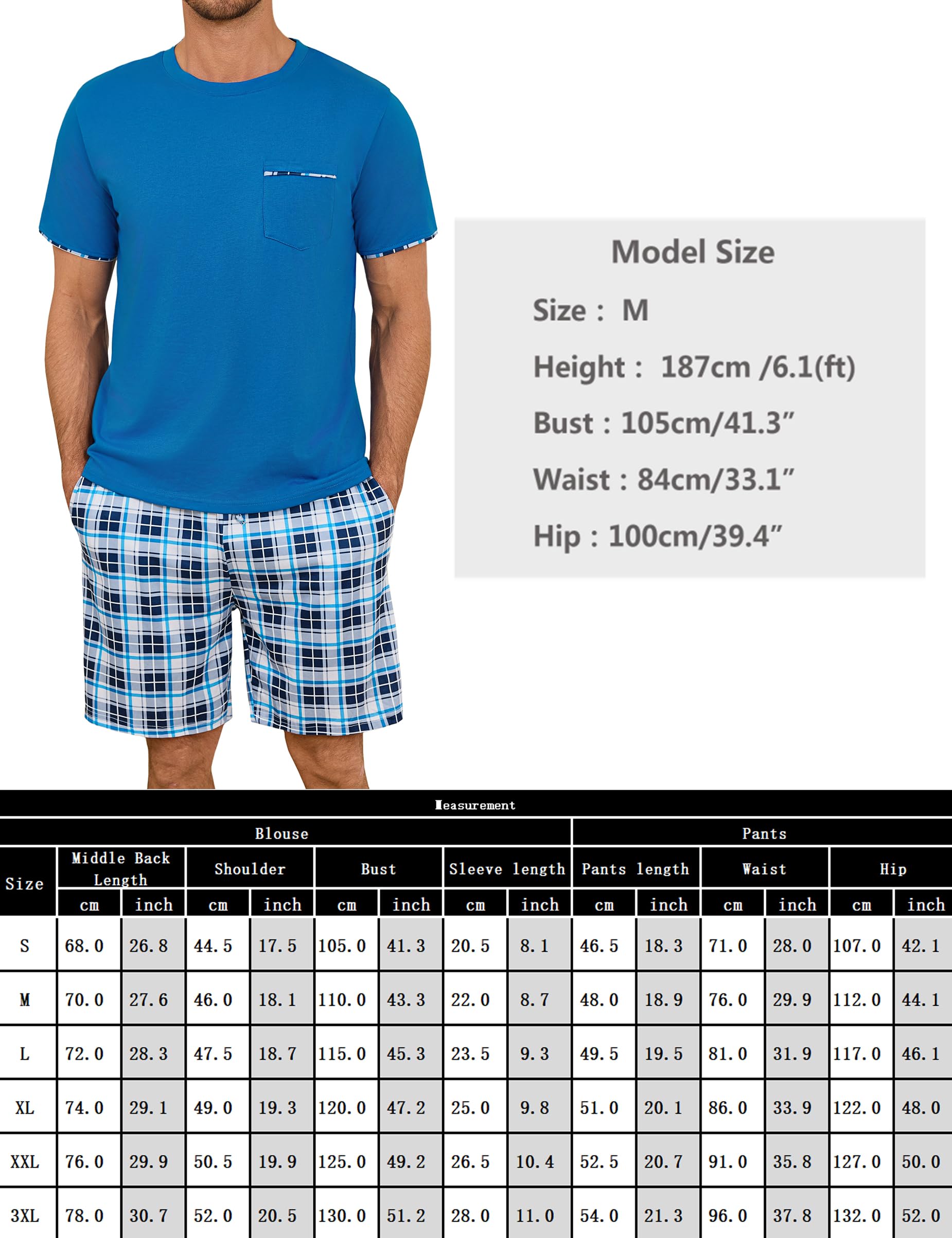Schlafanzüge für Herren Kurz Baumwolle Sommer Nachtwäsche mit Karierte Ziermanschetten, Zweiteiliger Men's Pyjama Sets