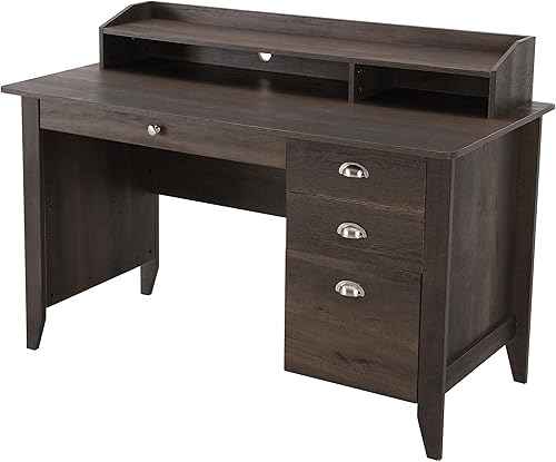 LOKATSE HOME Escritorio ejecutivo de madera con cajones, oficina en casa, escritorio de estudio con gabinete, color marrón oscuro