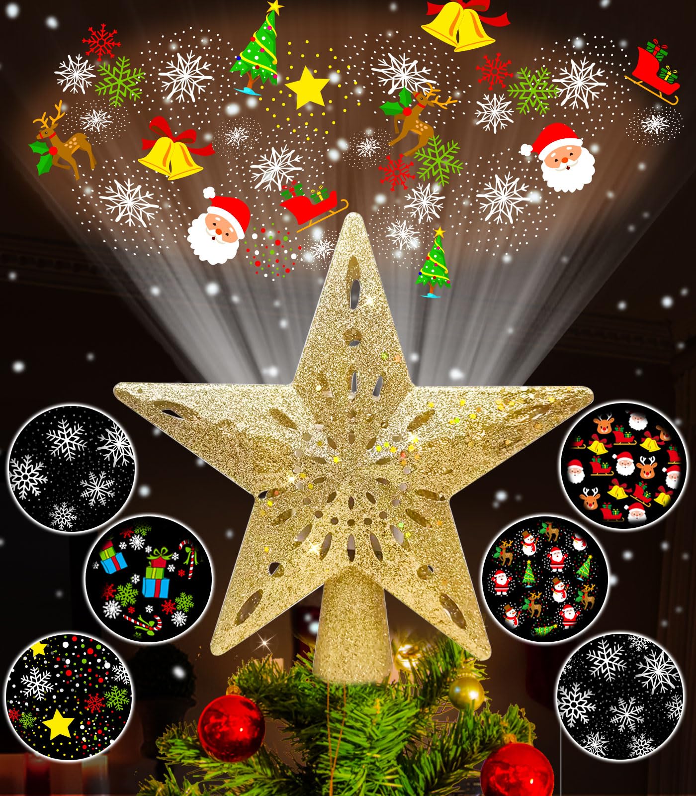 Wninbu Christmas Tree Topper Star Lighted with 6 Projection Modes,Christmas Star Tree Topper Projector Built-in LED Rotating Lights,3D Glitter Dynamic Projector Party Christmas Decorations (Gold)