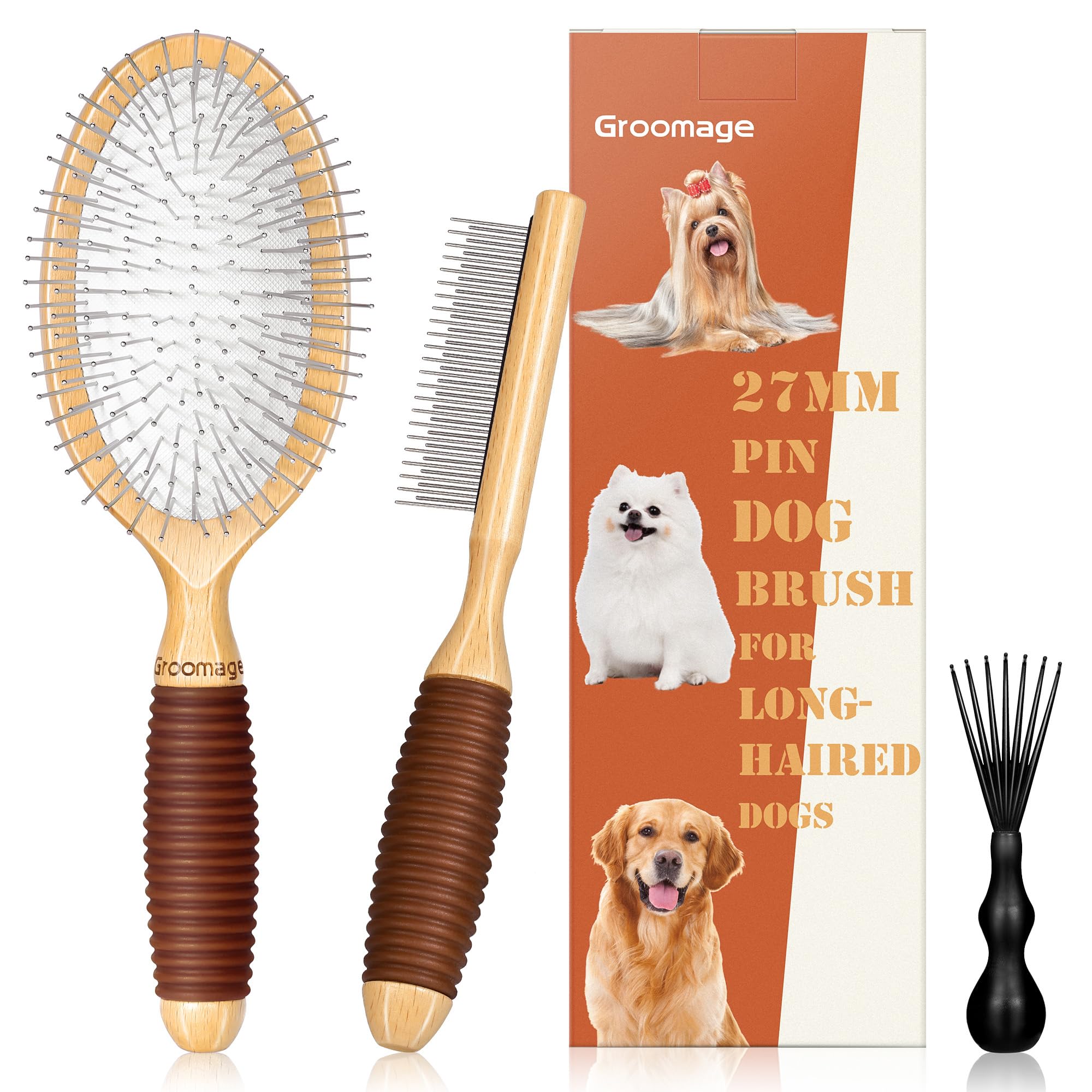 GROOMAGE Dog Brush for Long Haired Dogs, 27mm Extra Long Metal Pin Dog Deshedding Brush and Comb Set, Short Haired Shedding Grooming Detail Pets Brush Set with Rubber Handle