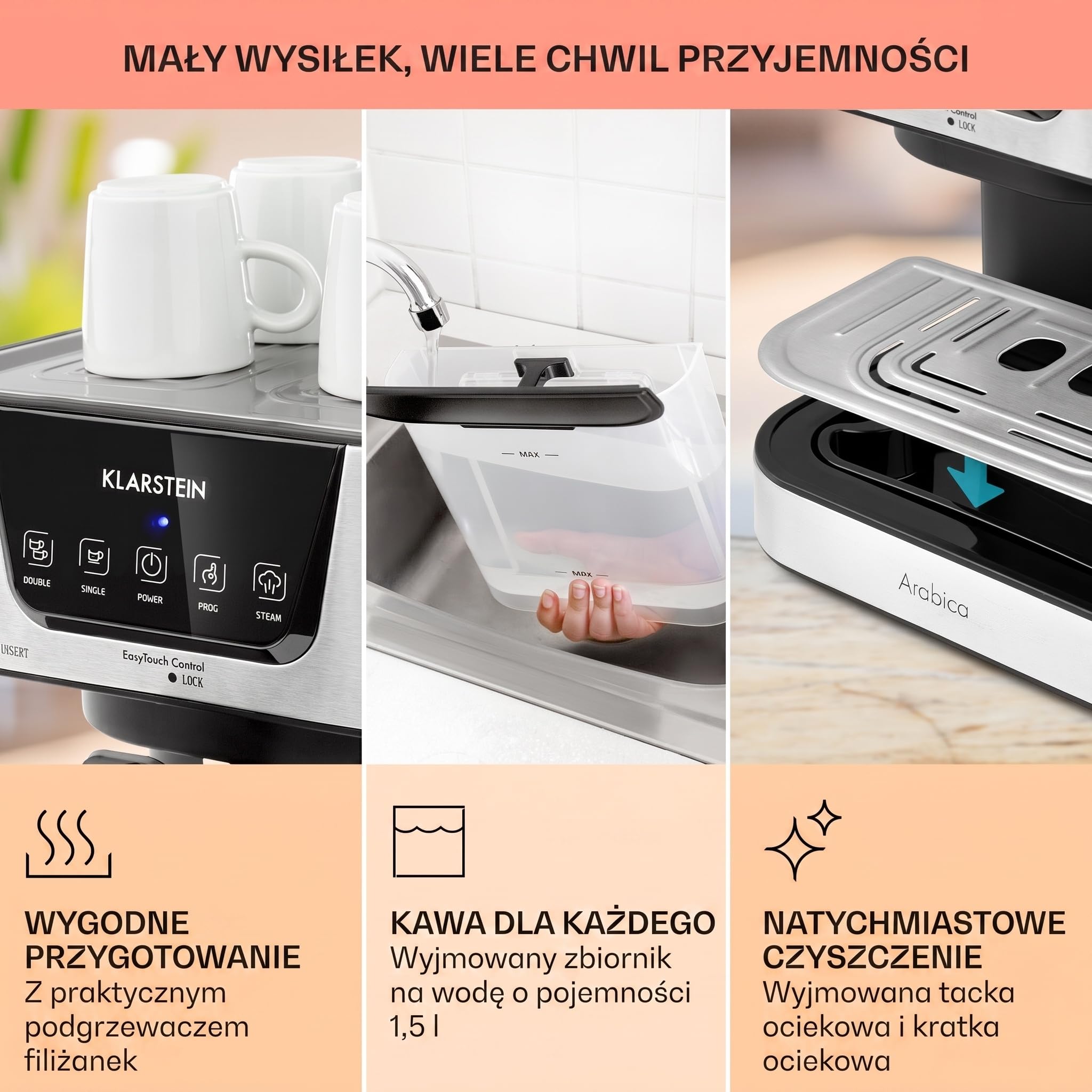 Klarstein Ekspres kolbowy 1,5 L na 2 filiżanki kawy, Mini ekspres ze spieniaczem do mleka, 15 barów, Mały kolbowy do kawy, Dobry do espresso, Ekspresy ze stali nierdzewnej 1050 W