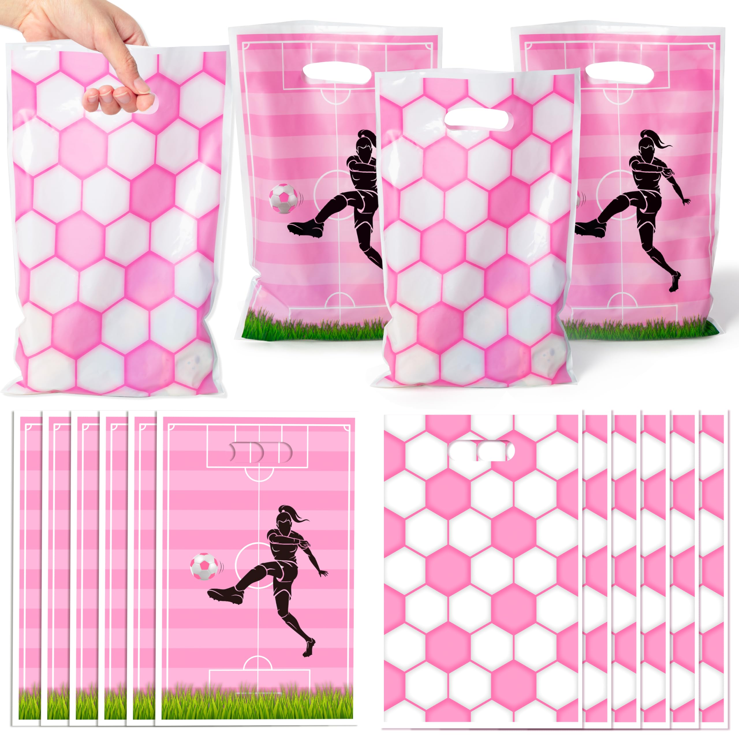 50Pcs Soccer Party Favor Bags - Sport Themed Goody Candy Treat Gift Bags, Pink Football Theme Party Decorations for Kid Boy Girl Adult Birthday Sports Team Outdoor Games Holiday Events Supplies
