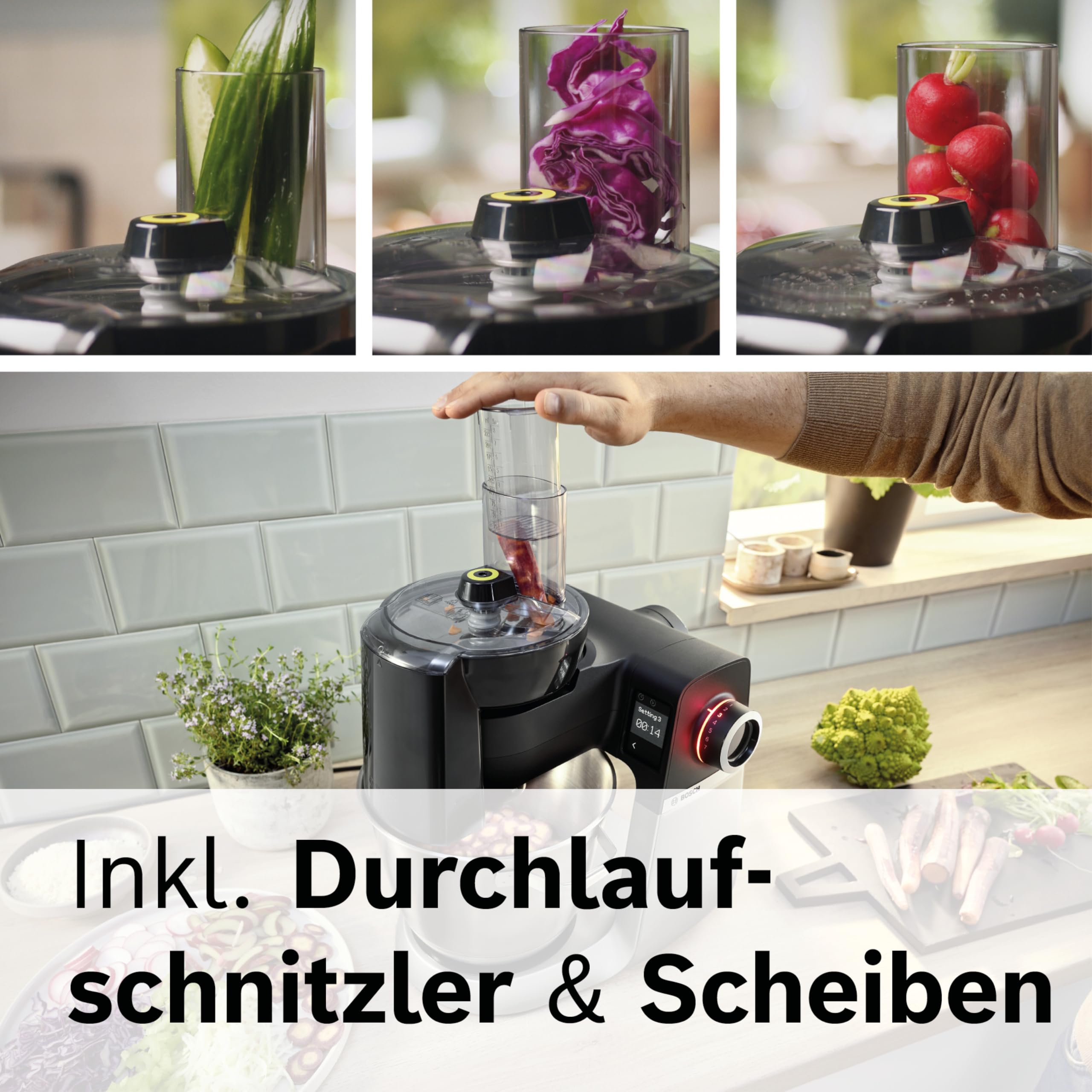 Bosch Küchenmaschine Serie 6, 7 Automatikprogramme, integr. Waage, 5,5l Schüssel, Durchlaufschnitzler, Scheiben, Knethaken/Rührbesen/Silikonbesen, spülmaschinenfest, 1600 W, silber/schwarz, MUMS6ZS13D