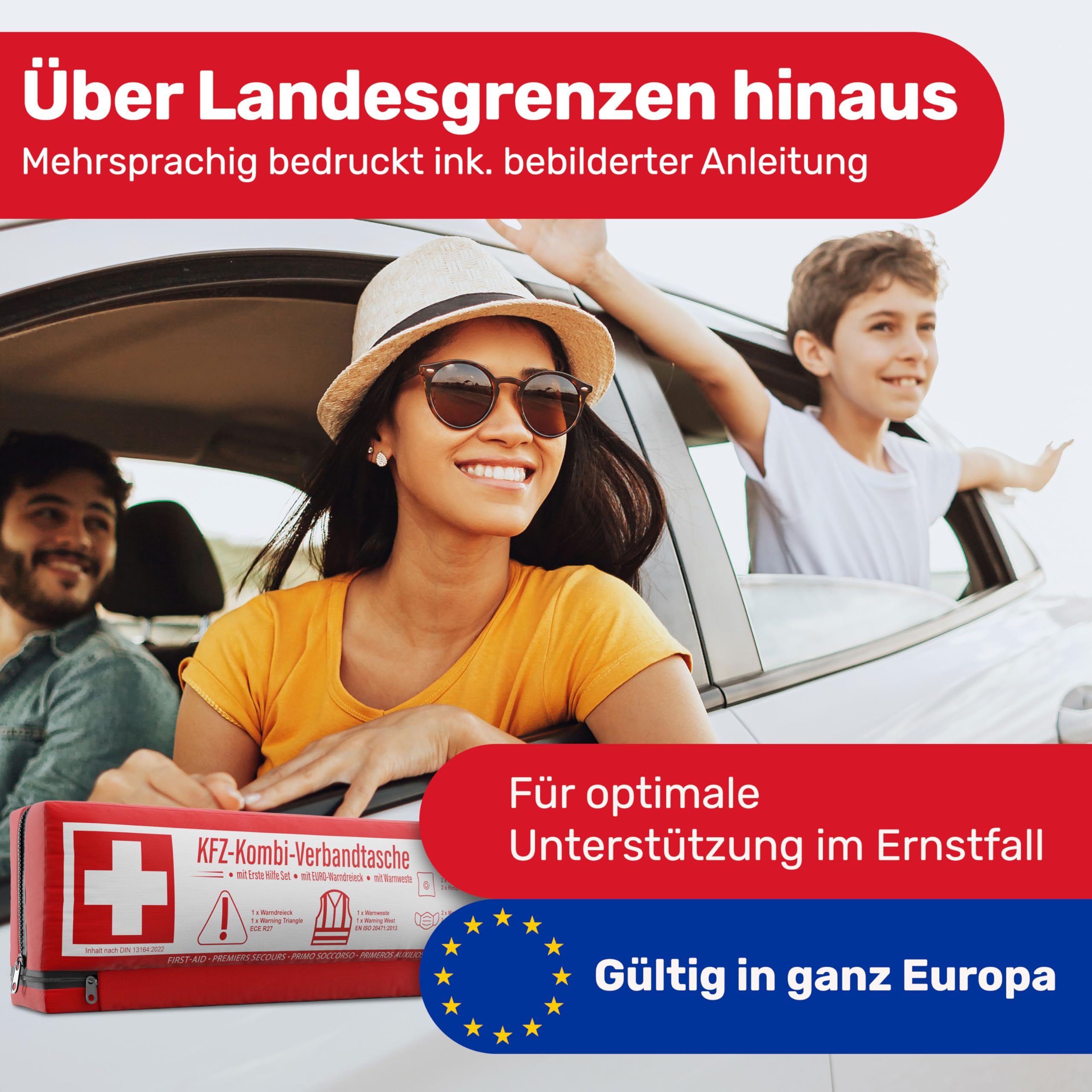 Bolsa combinada para coche (3 en 1) según la norma actual 2025 – Incluye triángulo de advertencia, chaleco reflectante, kit de primeros auxilios, triángulo de advertencia, kit de primeros auxilios
