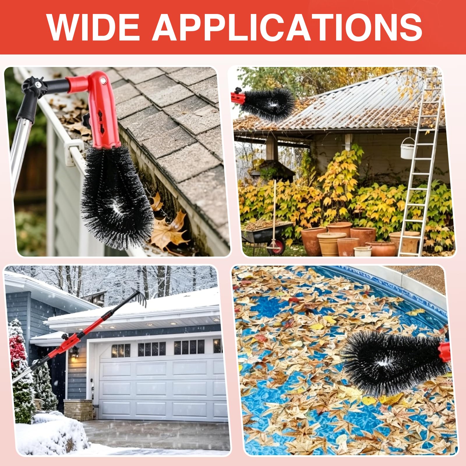 BRGD 4m Teleskop Dachrinnenreiniger Kit mit 11pcs ausziehbaren Stangen, 2pcs 180° Schwenkbarem Kopf, Rechen, Schaufel und Dachrinnenbürste zum Entfernen von Blättern
