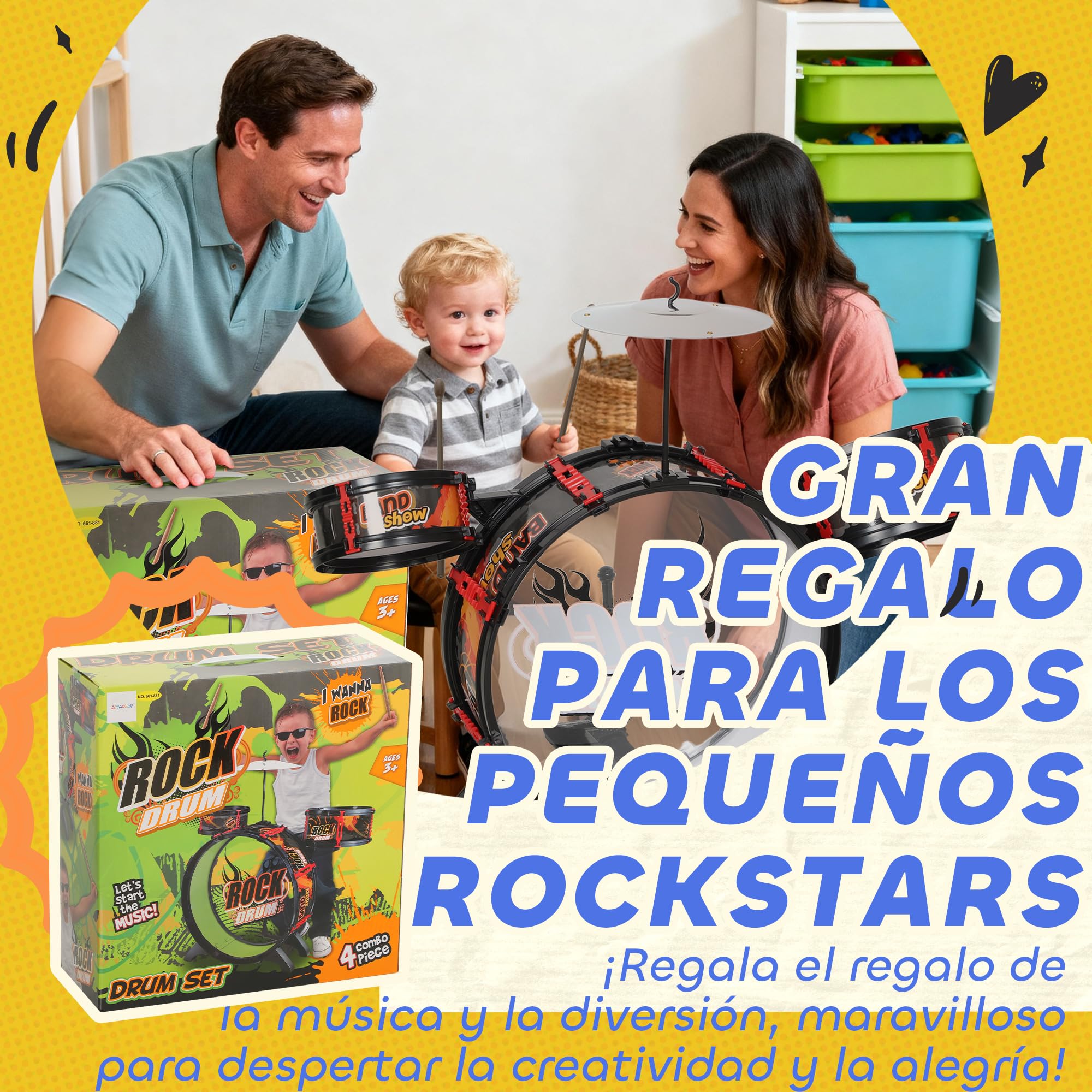 AIYAPLAY Batería Infantil con Taburete Tambores 59,5x31,5x59 cm Negro