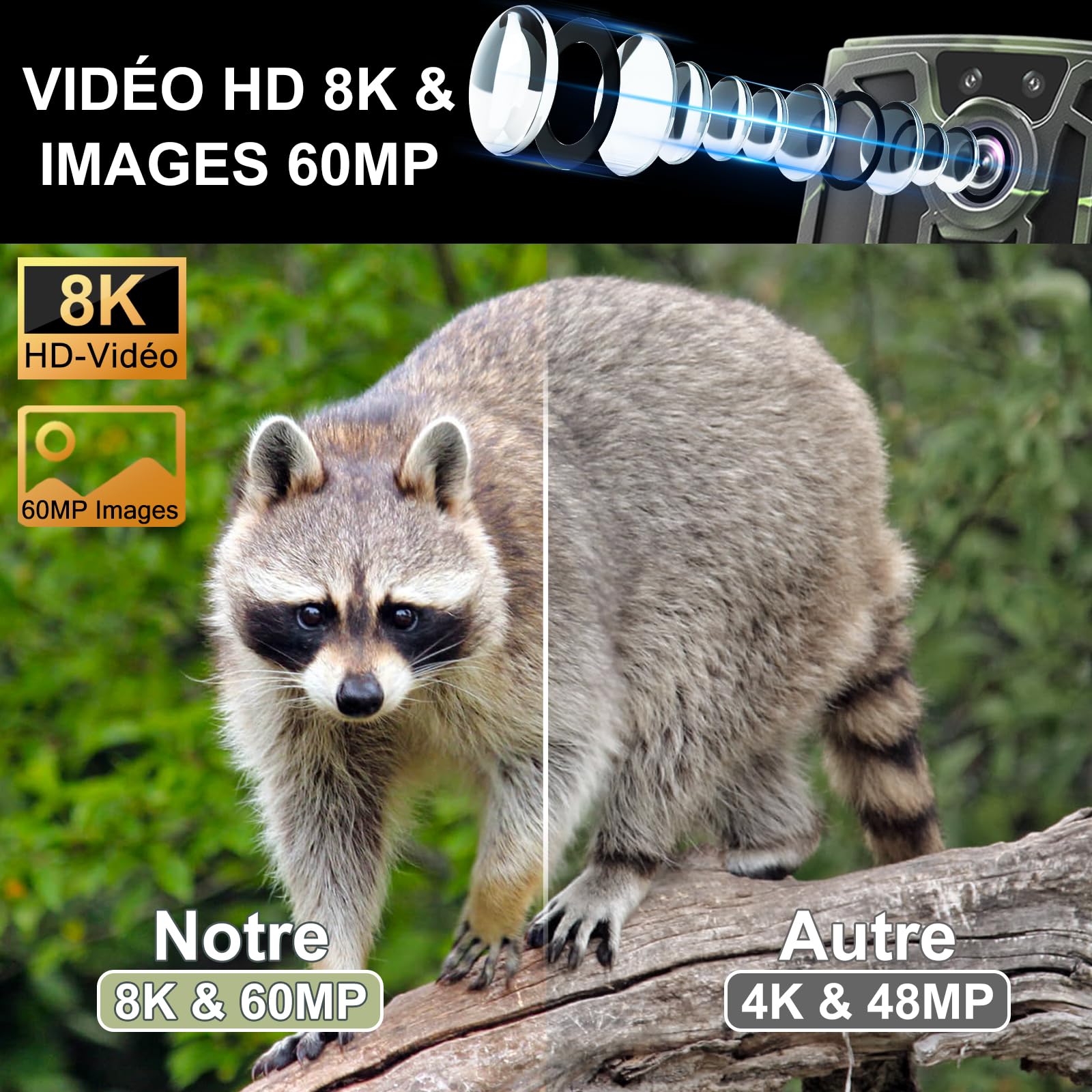 Caméra de Chasse 5K Full HD 60MP WiFi Bluetooth IP66 avec Détecteur de Mouvement Vision Nocturne, Carte 32G et 8 Piles AA