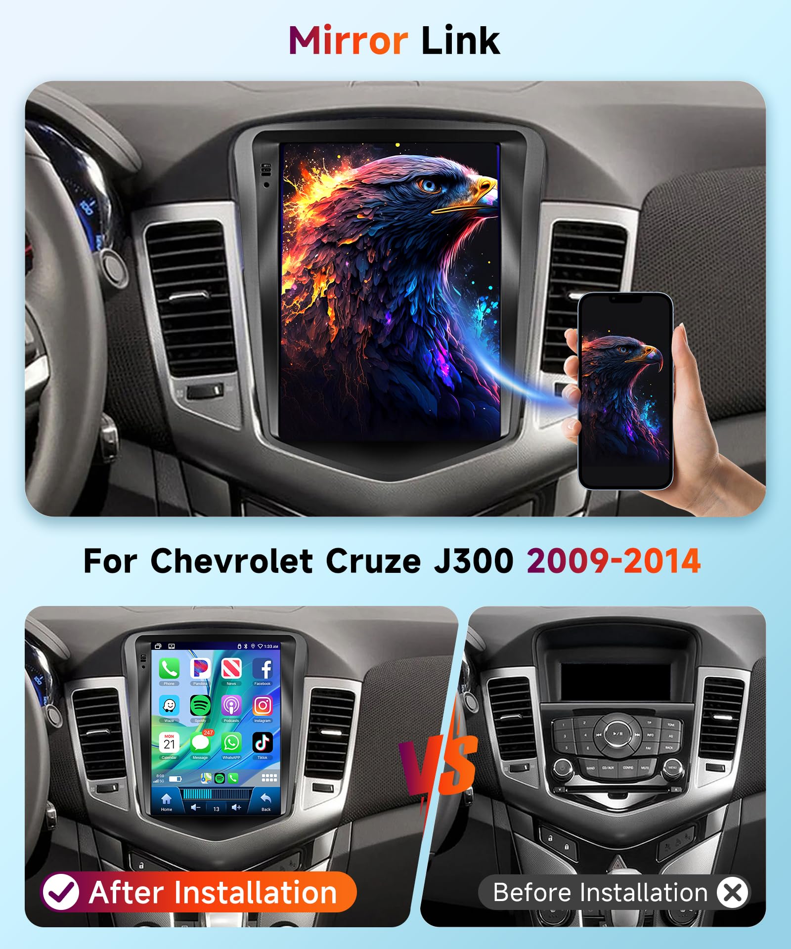 【4+64G】 Hodozzy Carplay Autoradio pour Chevrolet Cruze J300 2009-2014, 9.7 Pouce Touchsreen avec Android Auto/EQ/Mirror Link/WiFi/GPS/RDS/FM/Bluetooth 5.0/USB+Canbus