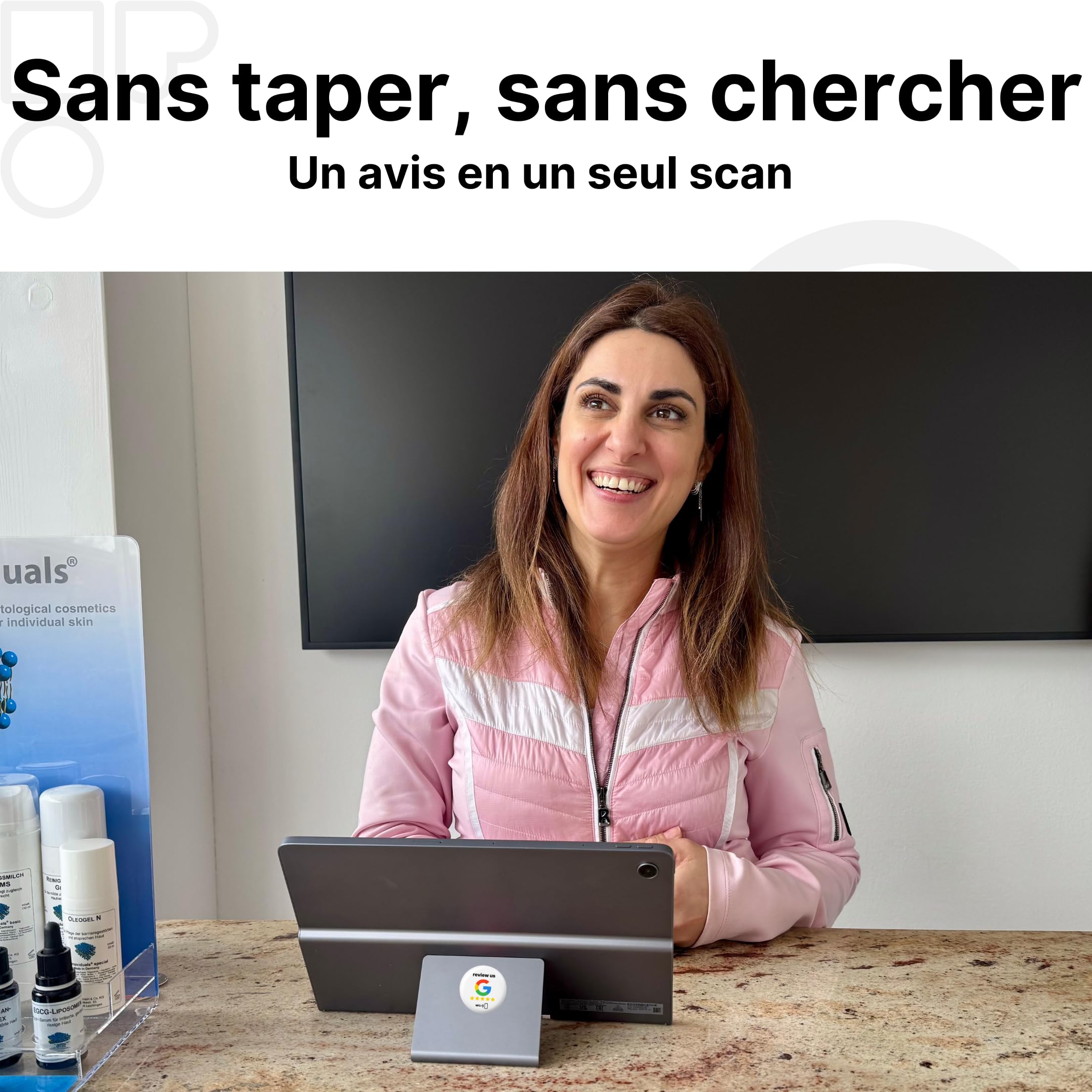 Lot de 2 autocollants Google NFC « Review us » sur Google NFC - 3 cm de diamètre - Collect plus de reviews instantanément avec un seul bouton - Auto-programmable et réutilisable - Parfait pour les