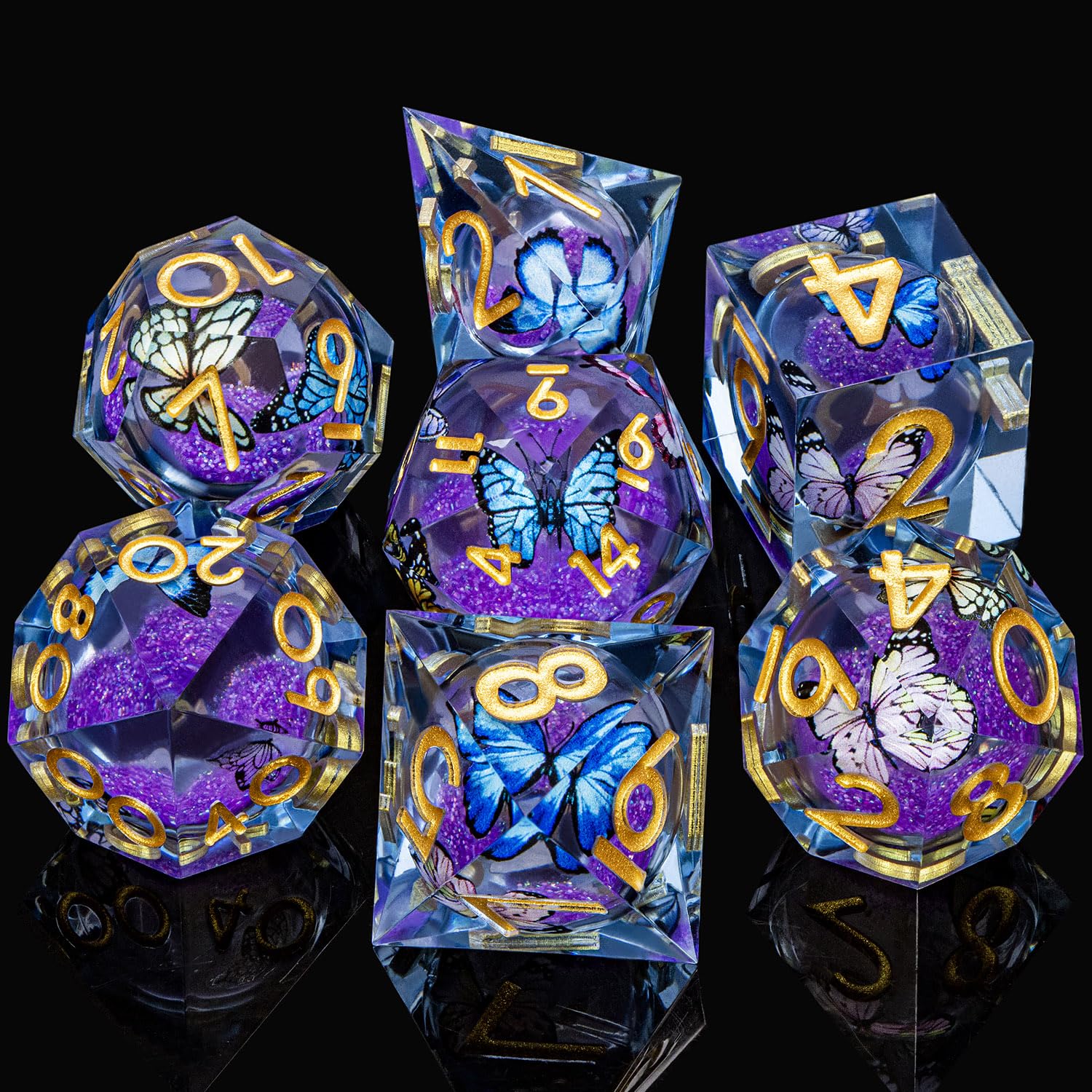 ORIFANTOU Butterfly DND Dice Purple Liquid Core Dice Set with Metal Box, Handmade Sharp Edge D and D Polyhedral Dice for use with D&D Role Playing Game, D20 D12 D10 D8 D6