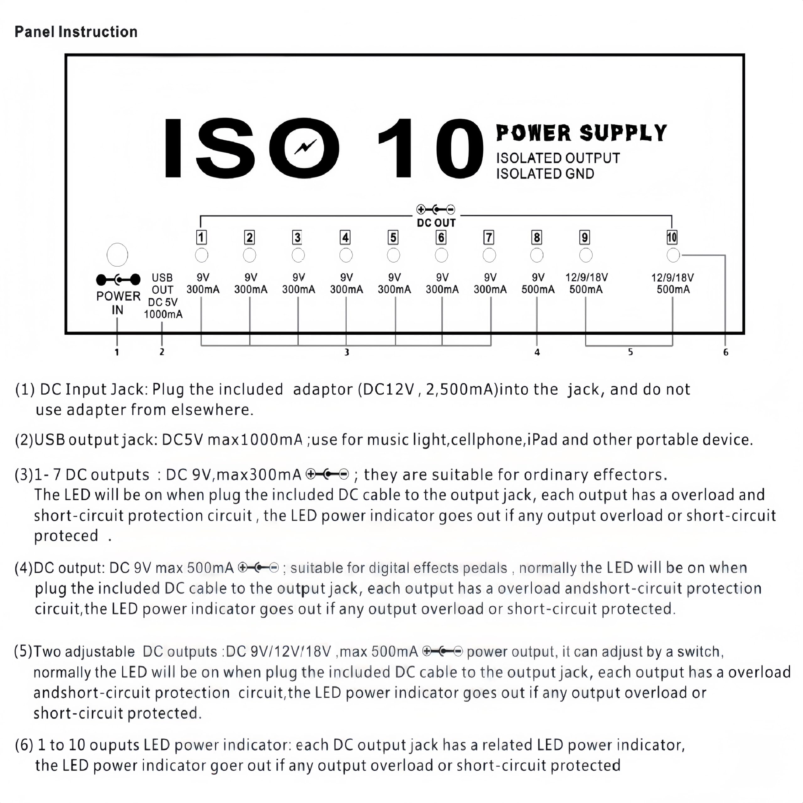 Alimentation pour pédale de guitare, 10 alimentations isolées réglables à sortie CC, petite alimentation portable avec indicateur lumineux LED pour pédale de guitare 9 V 12 V 18 V 300 mA 500 mA