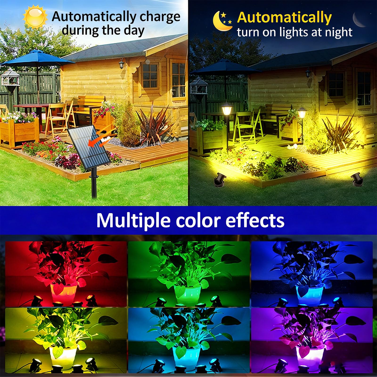 Paquete de 2 luces solares subacuáticas cambiantes con batería de 2000 mAh IP68 impermeable para piscinas y jardines, luces de fuente alimentadas por energía solar