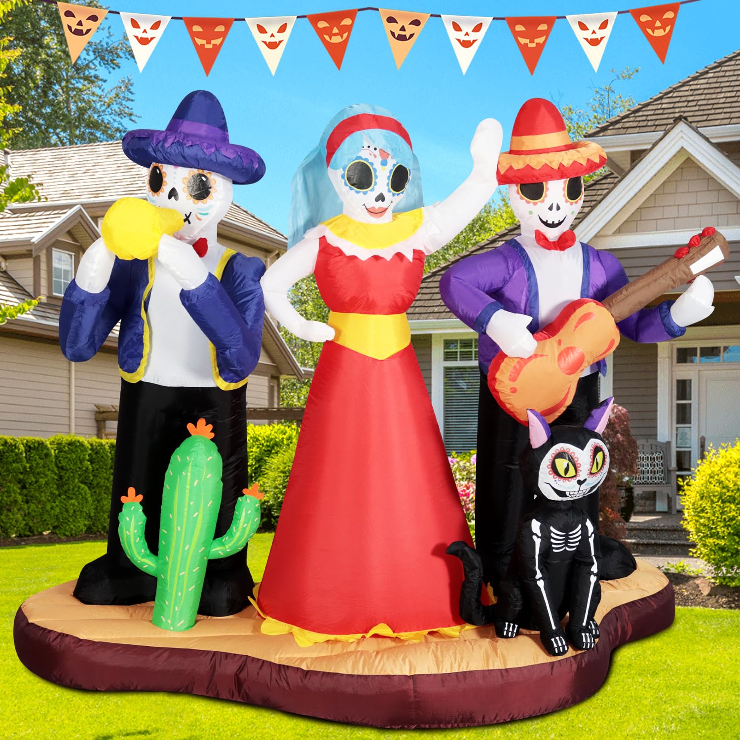 DomKom Halloween Inflatable Blow Up Decorations, Dia de Los Muertos 7FT Day of Dead Catrina Sugar Skull Band with Black Cat, Built-in LEDs for Holiday Party, Garden, Lawn, Yard, Patio Décor